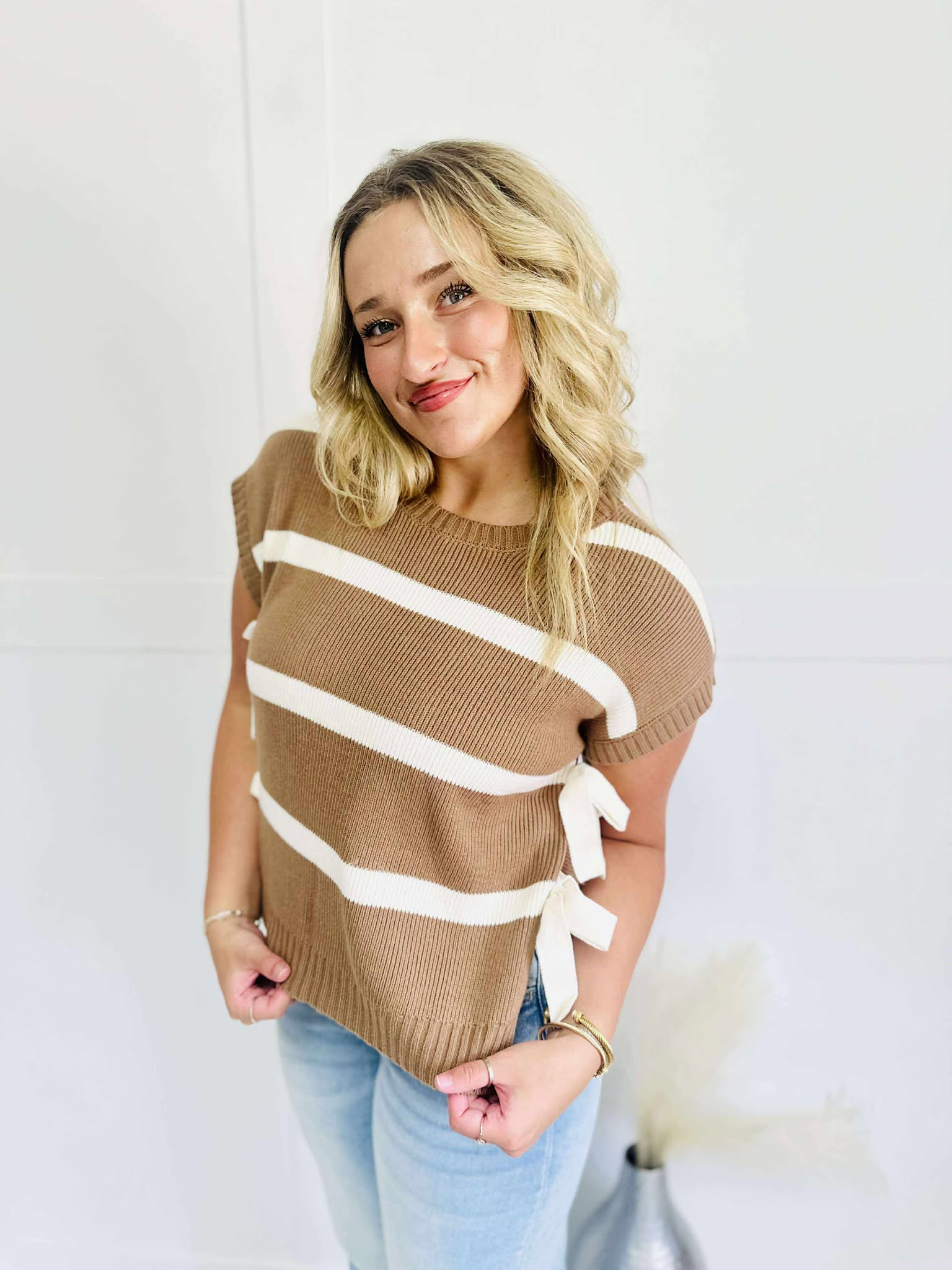 Stripe Side Tie Short Sleeve Knit Sweater