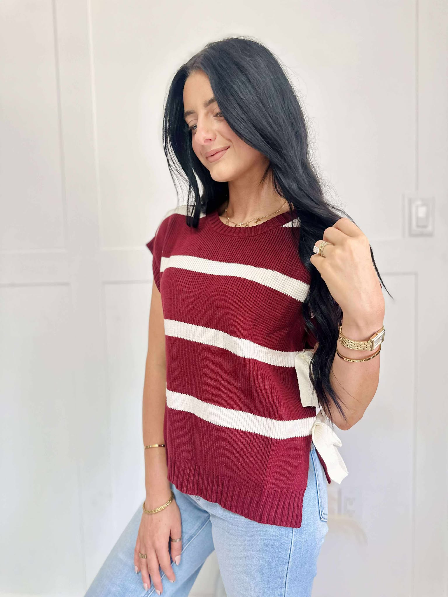 Stripe Side Tie Short Sleeve Knit Sweater