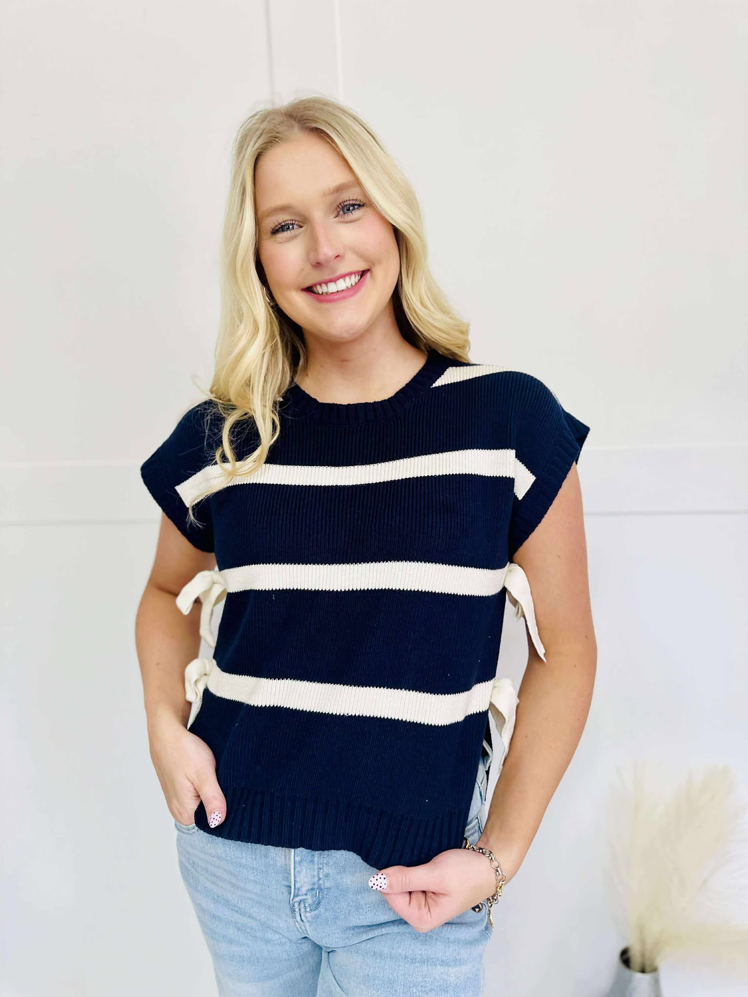 Stripe Side Tie Short Sleeve Knit Sweater