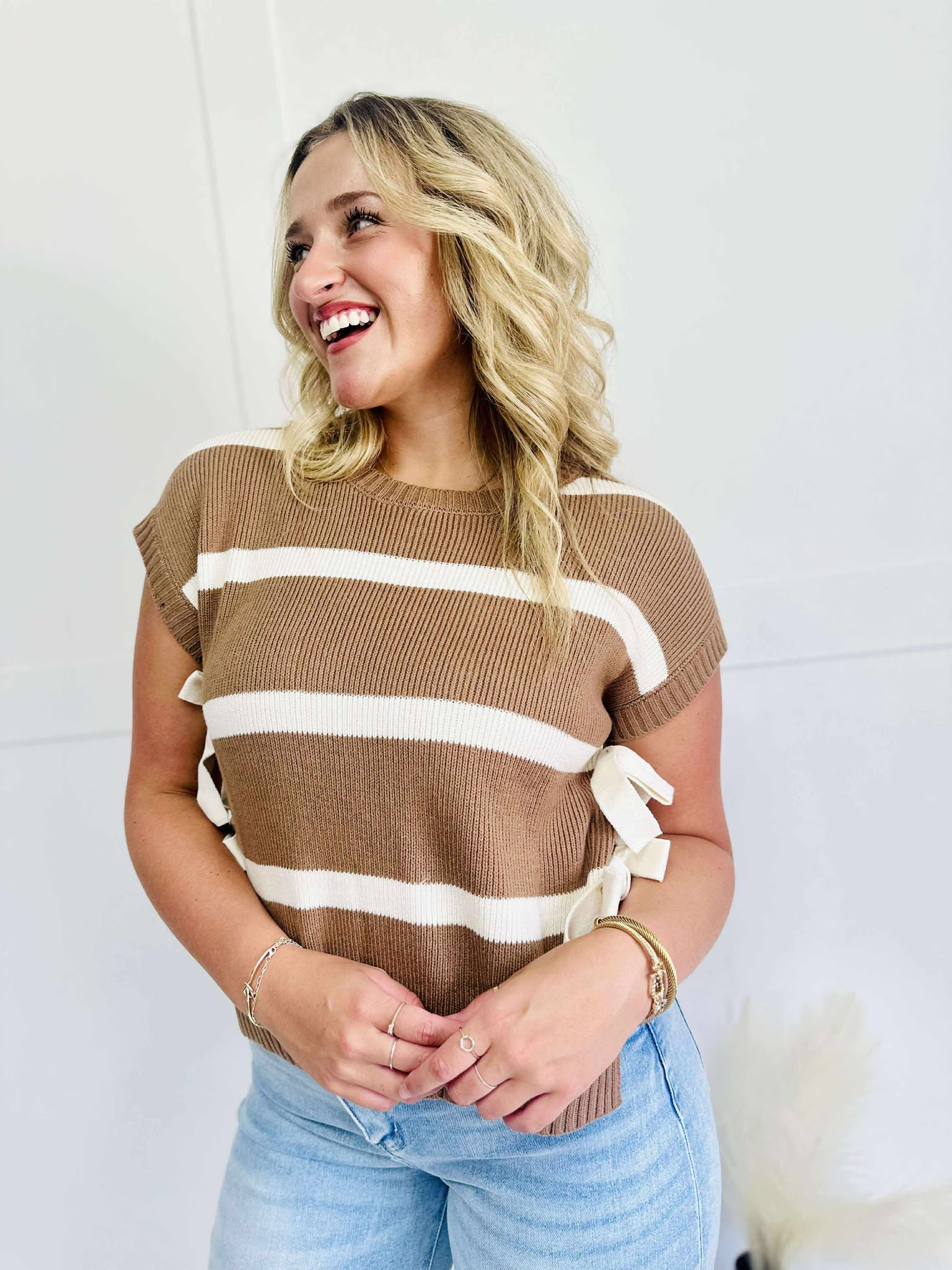 Stripe Side Tie Short Sleeve Knit Sweater