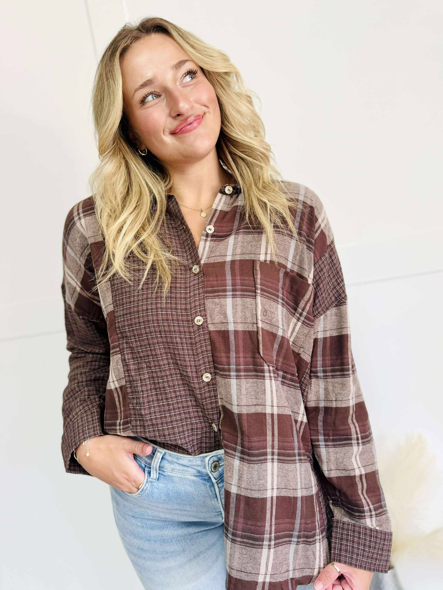 Colorblock Plaid Long Sleeve Button Down