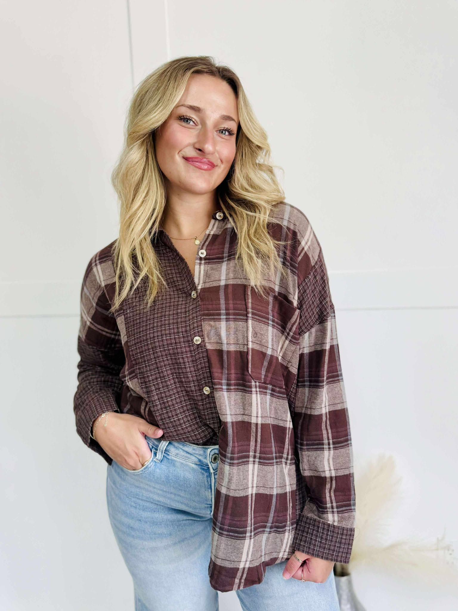 Colorblock Plaid Long Sleeve Button Down