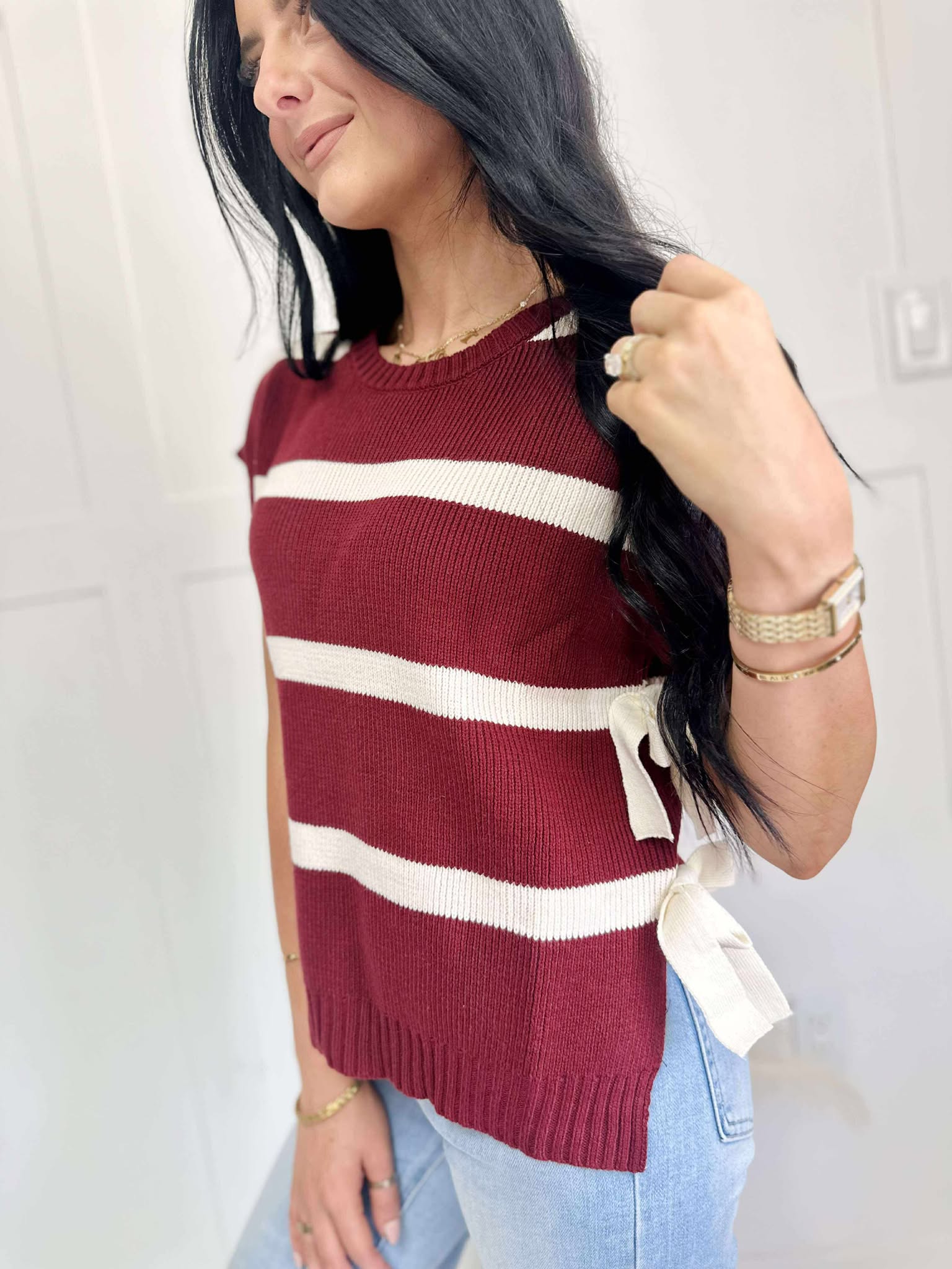 Stripe Side Tie Short Sleeve Knit Sweater