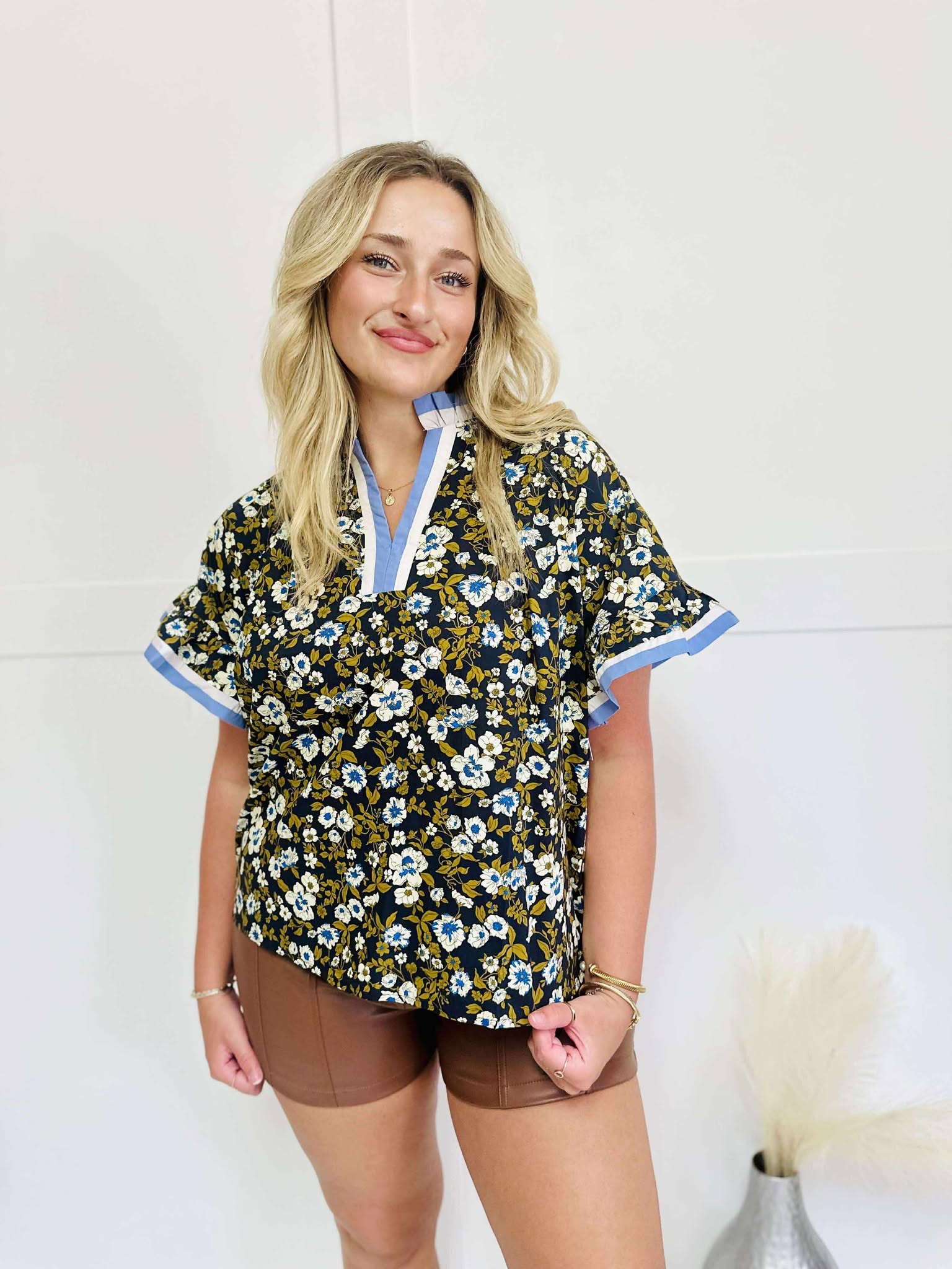 Take A Turn Navy Floral Blouse