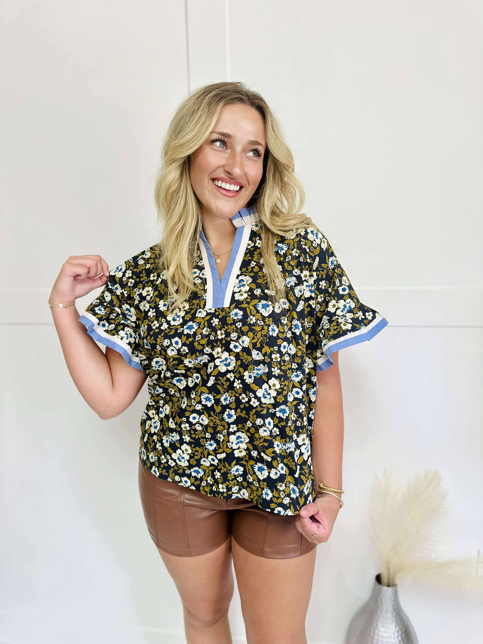 Take A Turn Navy Floral Blouse