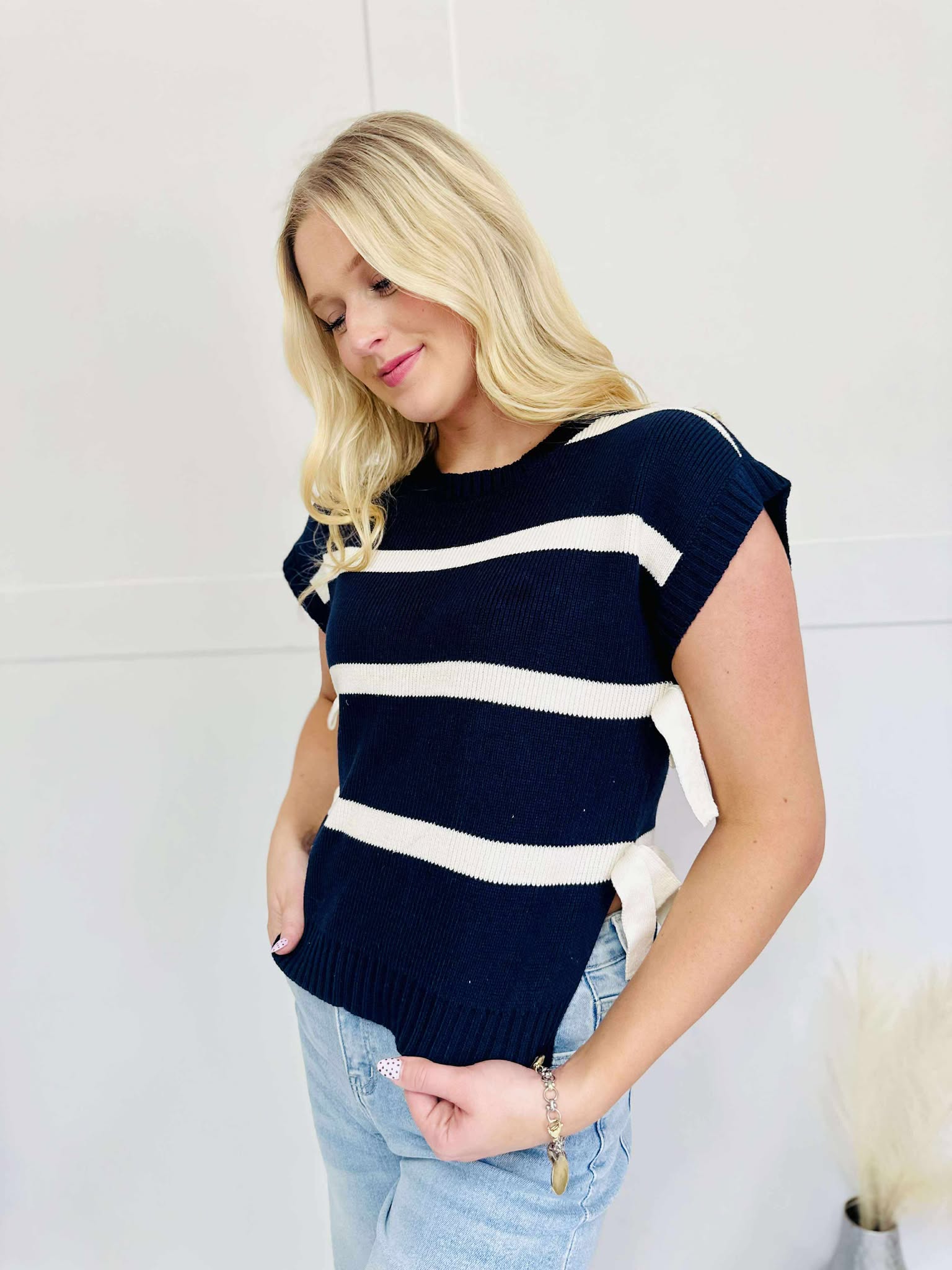 Stripe Side Tie Short Sleeve Knit Sweater