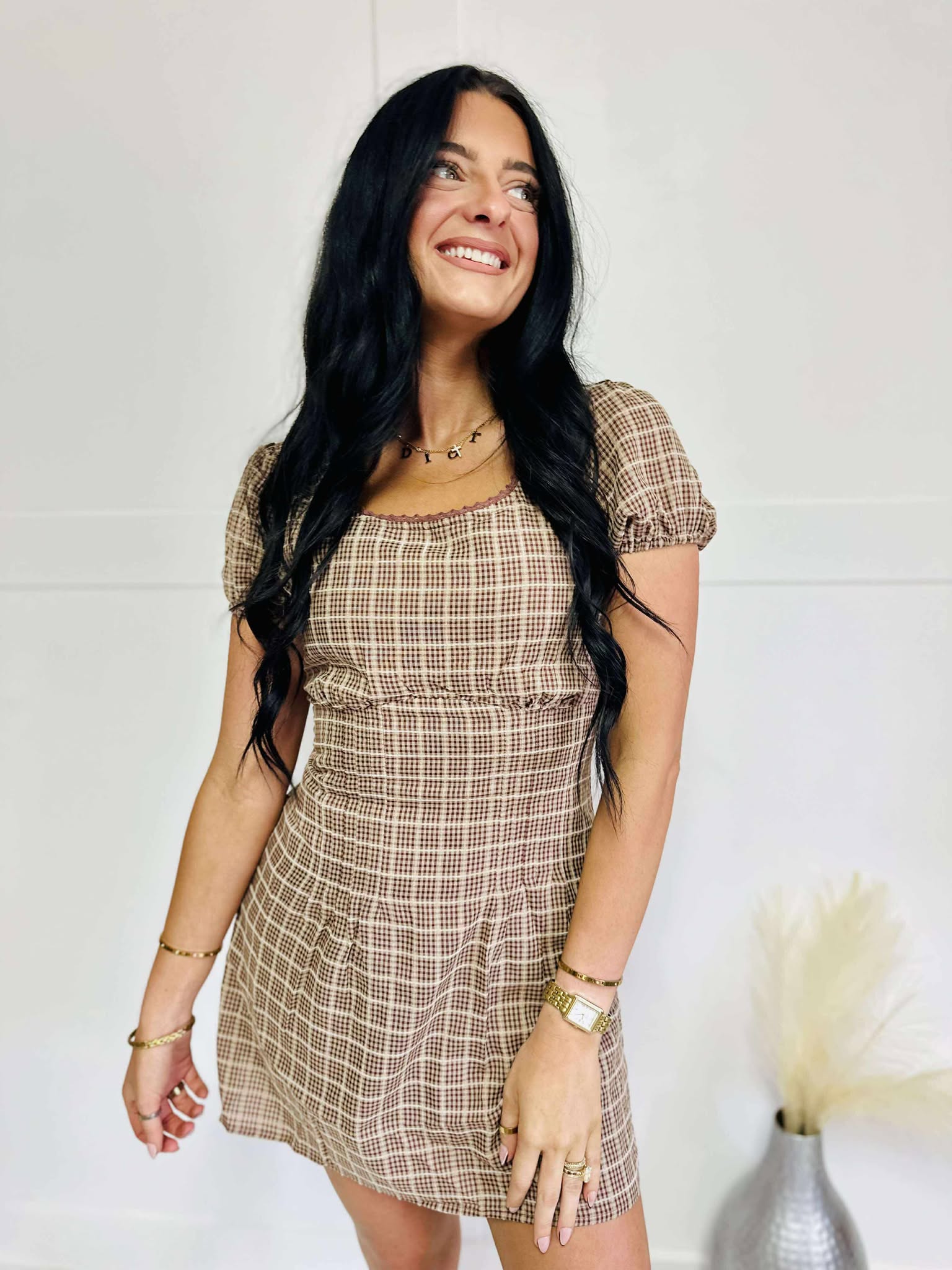 Falling For You Brown Plaid Dress