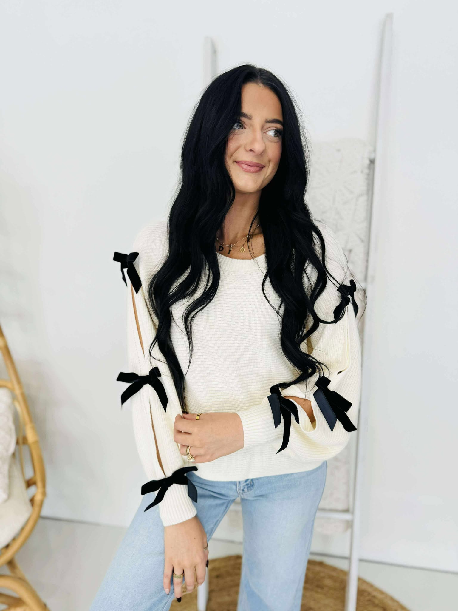 Velvet Bow Sleeve Sweater