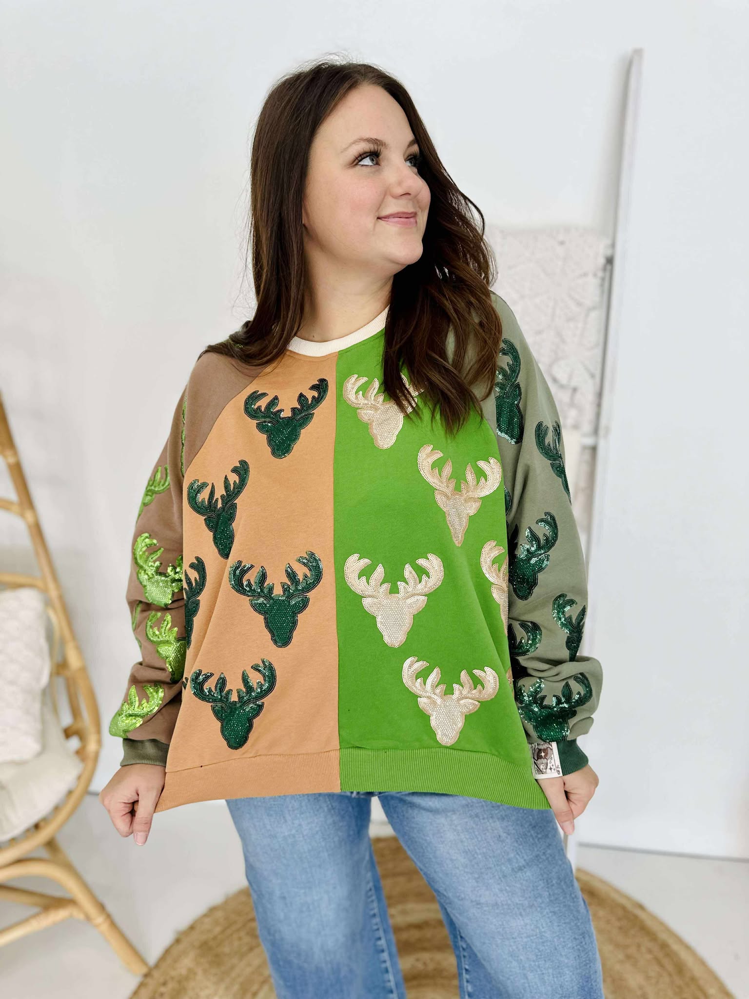 Queen Of Sparkles Colorblock Deer Print Sweatshirt