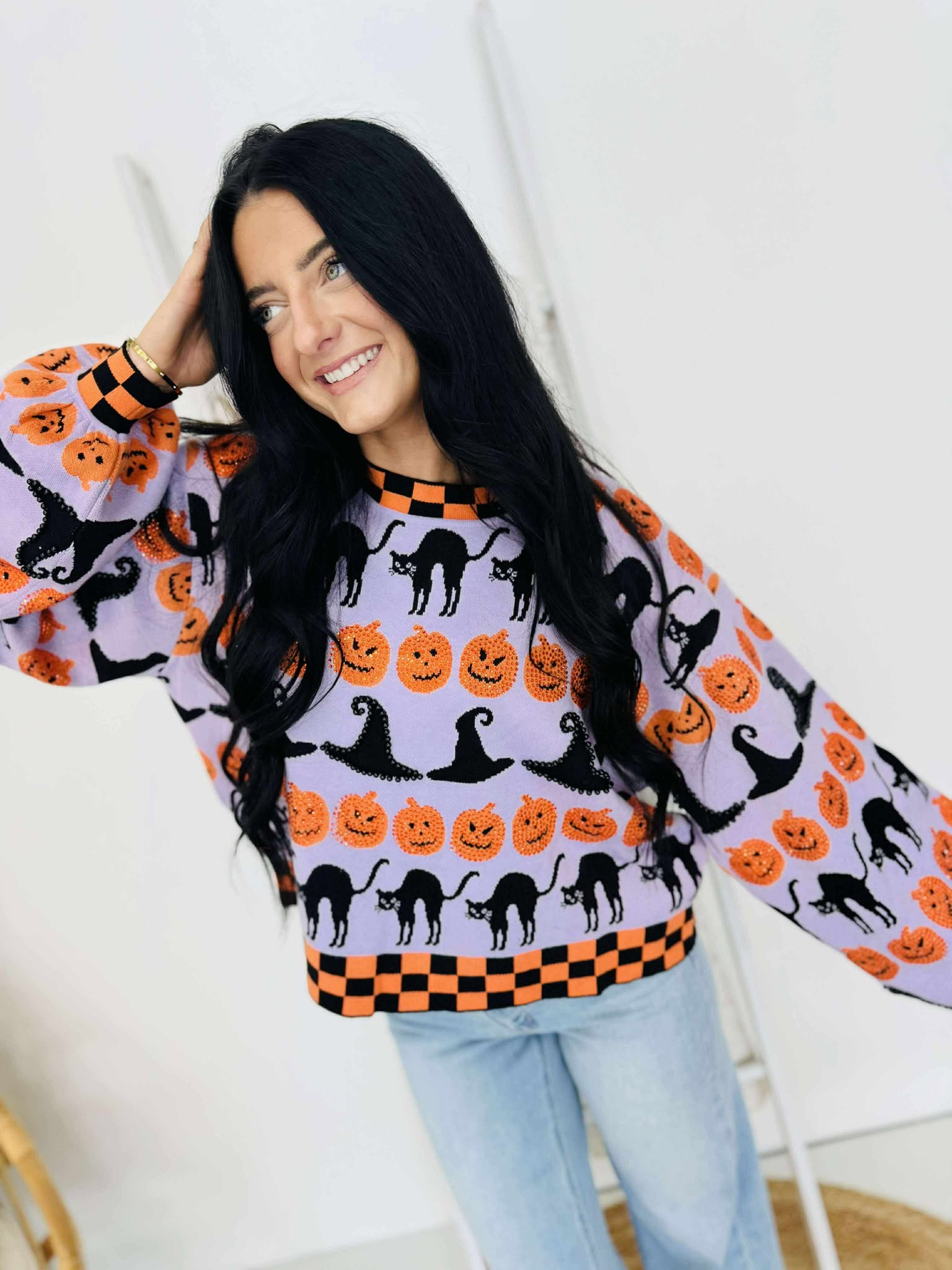 Queen Of Sparkles Lavender, Black & Orange Checker Trim Halloween Icon Sweater