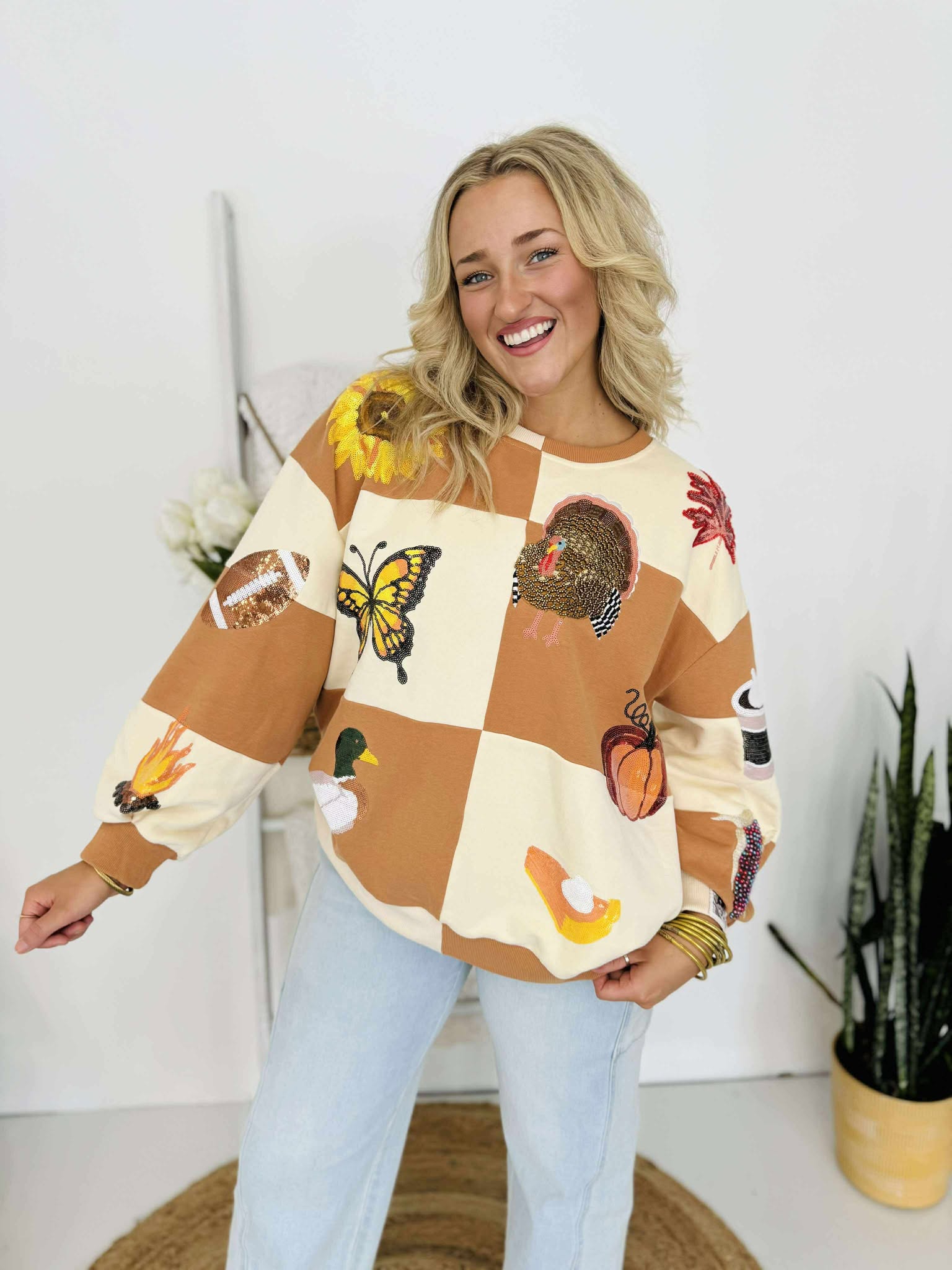 Queen Of Sparkles Brown & Ivory Checkered Fall Icon Sweatshirt