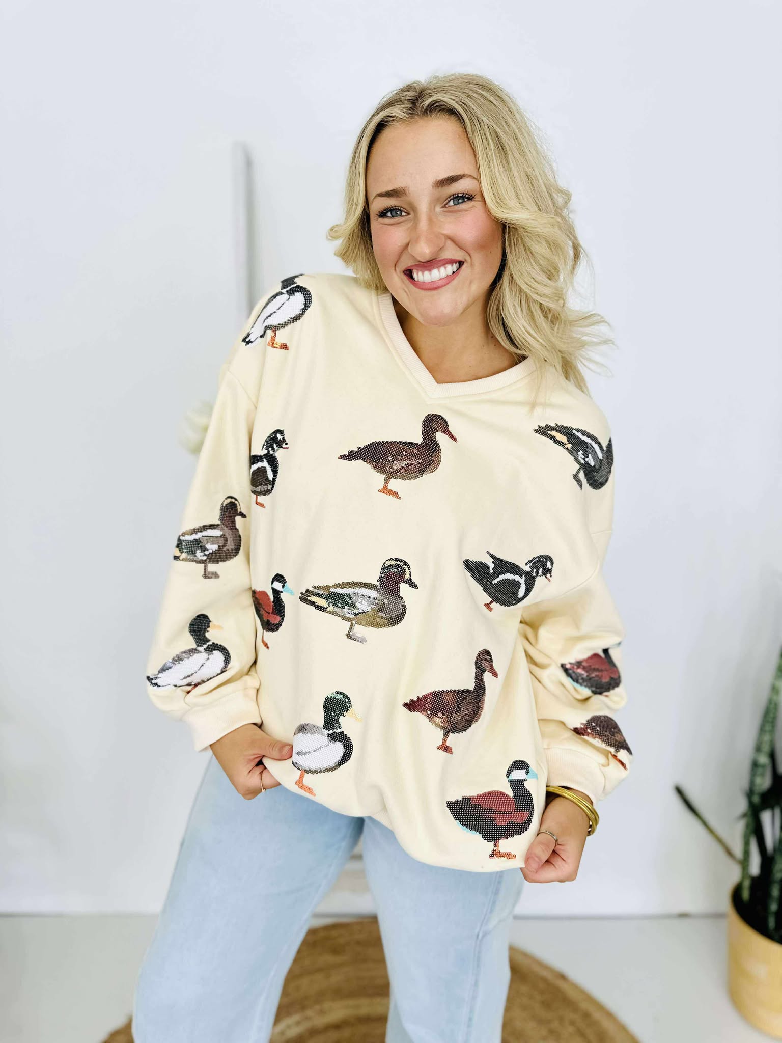 Queen Of Sparkles Beige V Neck Scattered Duck Sweatshirt