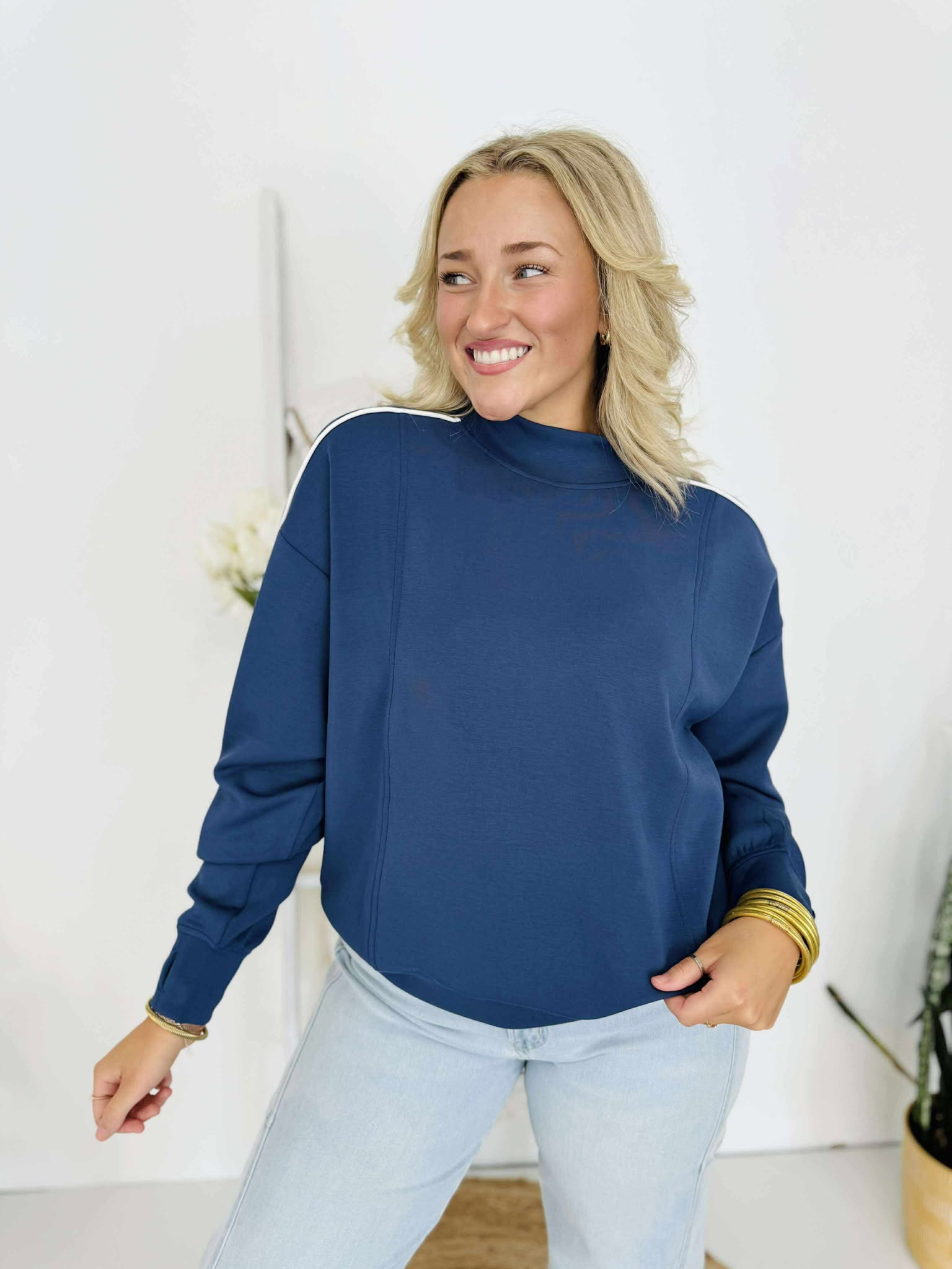Modal Scuba Two Stripe Mock Neck Top