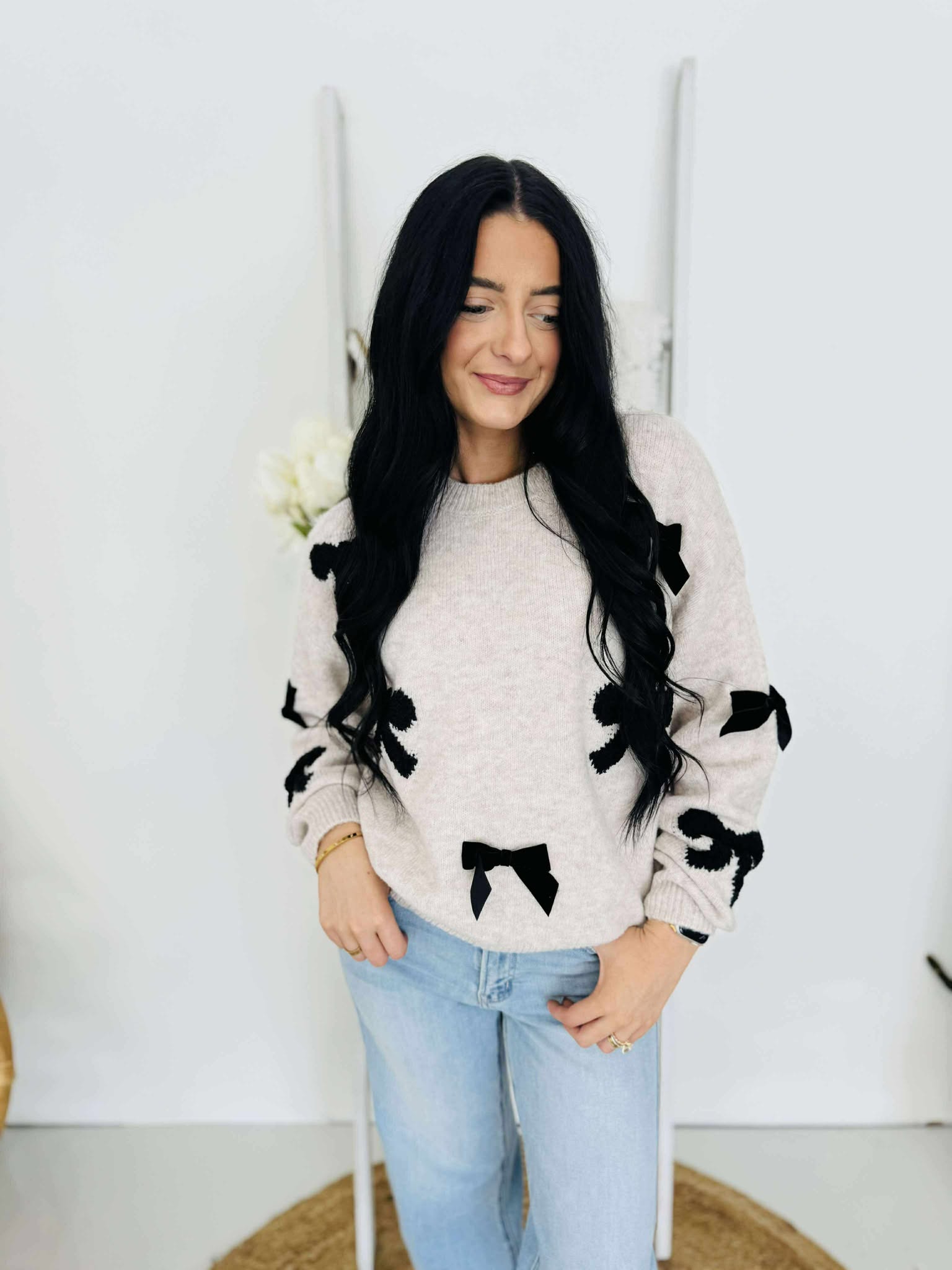 Oatmeal Ribbon Knitted Sweater