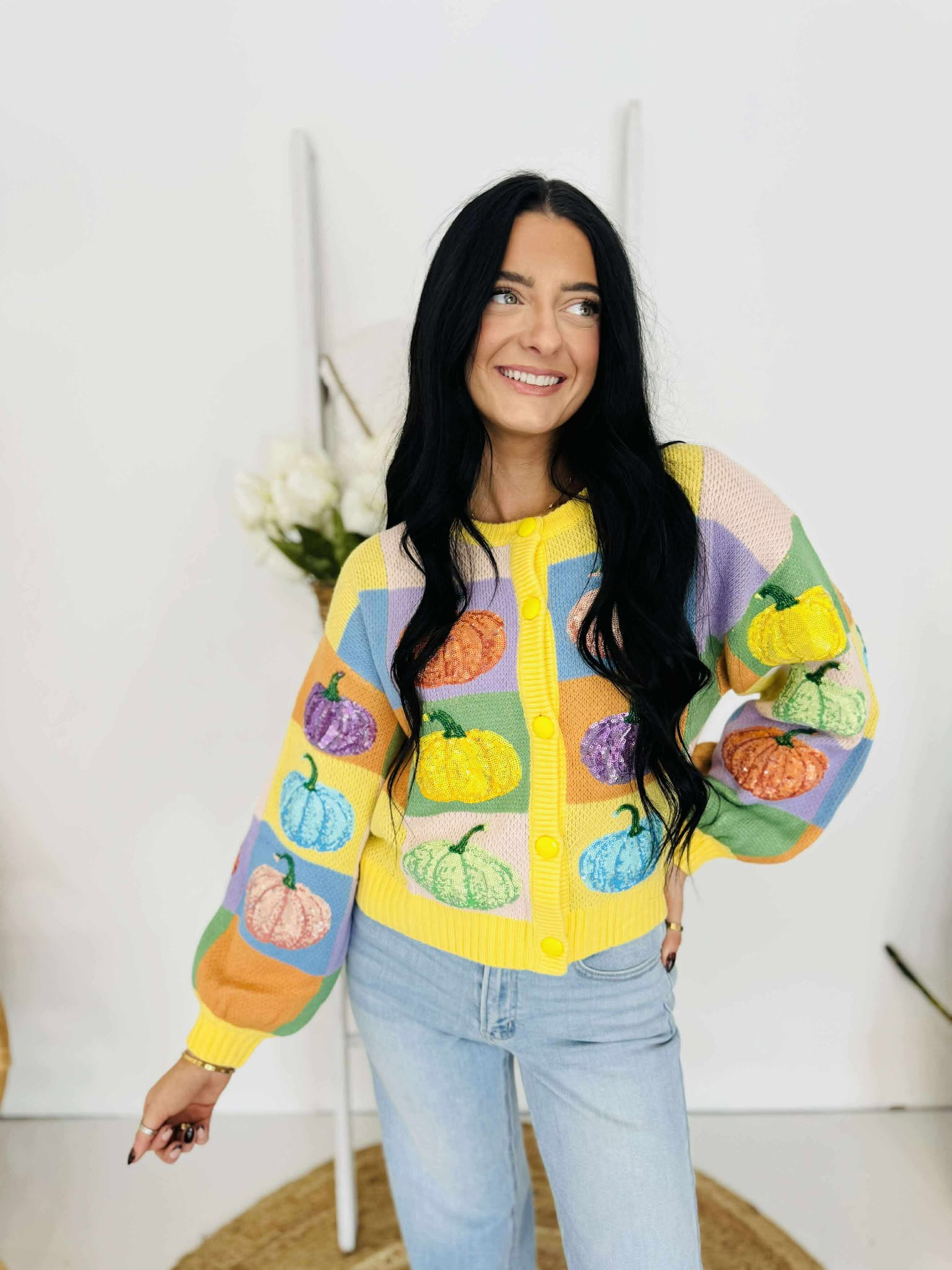 Queen Of Sparkles Pastel Colorblock Pumpkin Button Up Cardigan