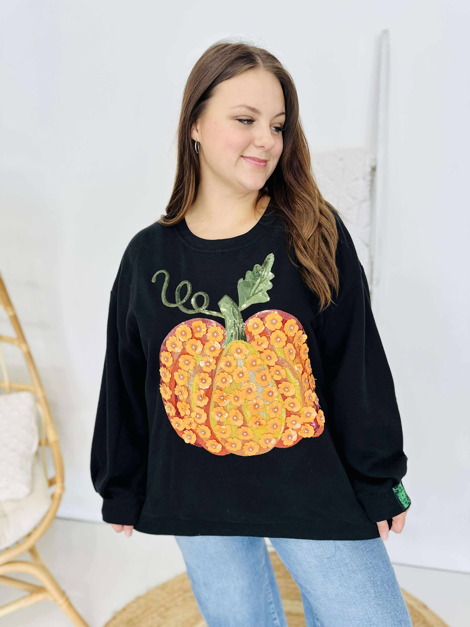Queen Of Sparkles Black & Orange Flower Sequin Pumpkin Sweatshirt