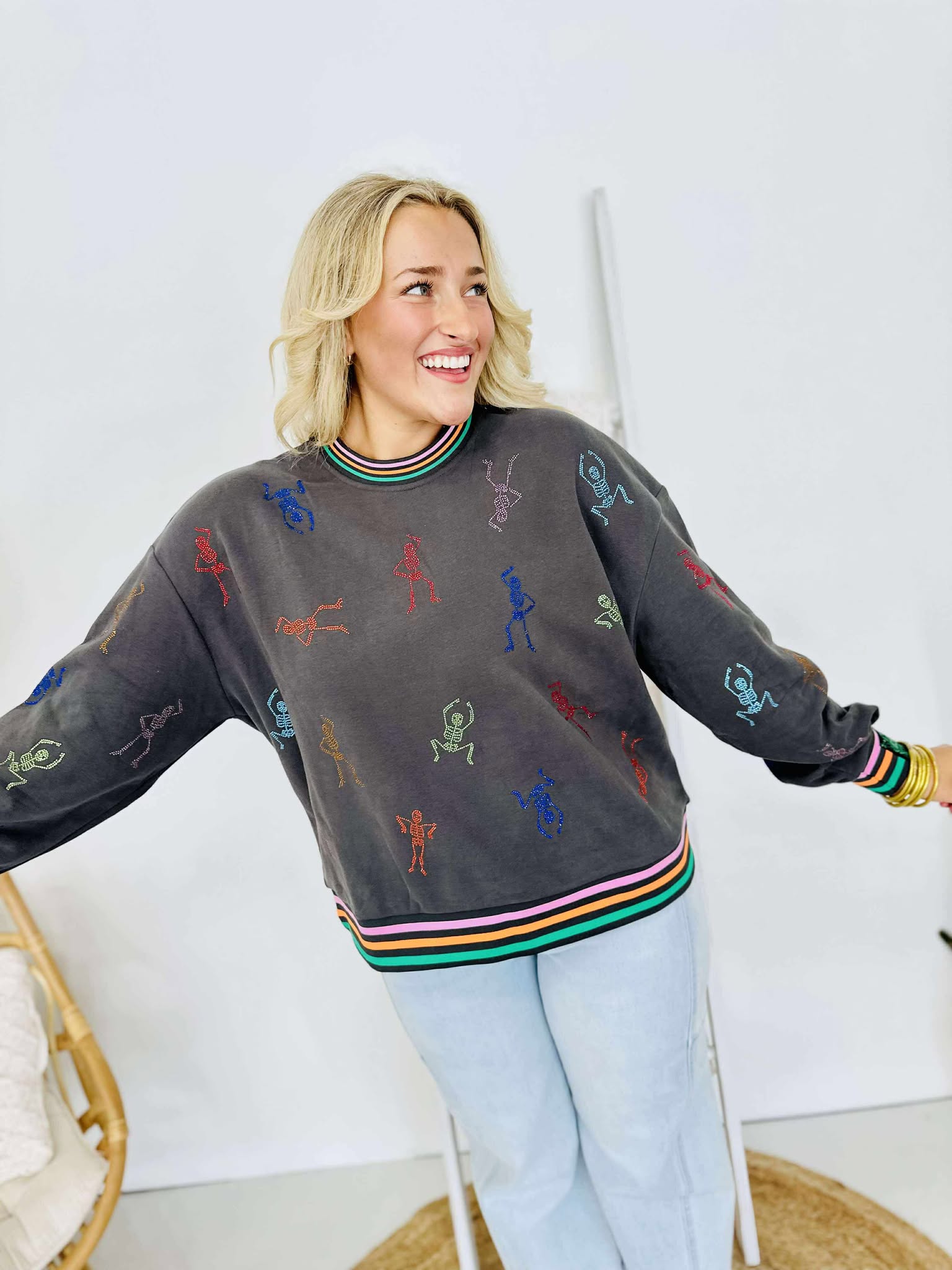 Queen Of Sparkles Charcoal Multi Skeleton Striped Trim Sweatshirt