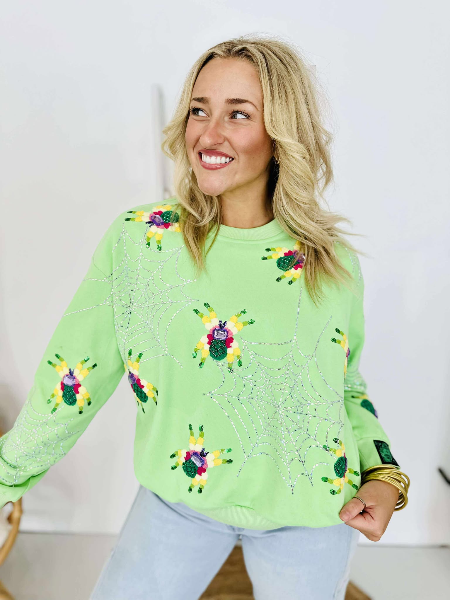 Queen Of Sparkles Neon Green Fuzzy Spider & Web Sweatshirt