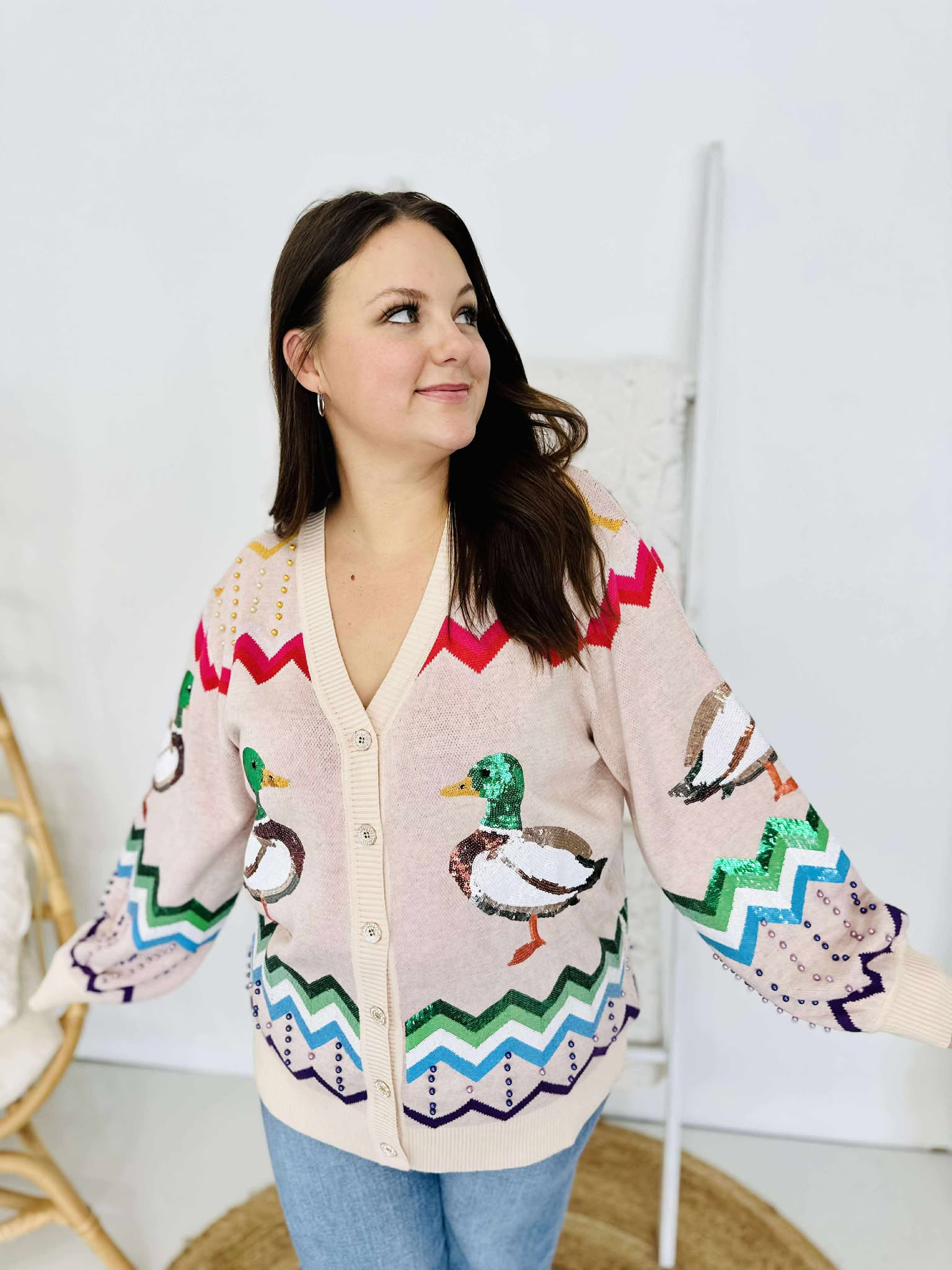 Queen Of Sparkles Beige Multi Zig Zag Duck Cardigan