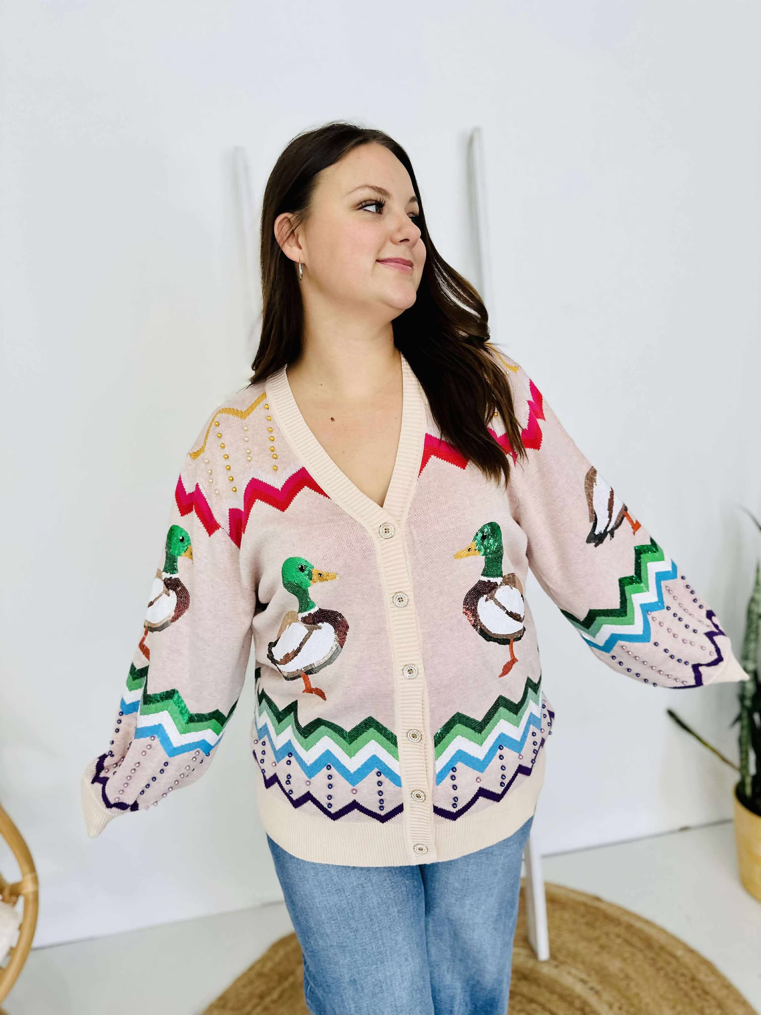 Queen Of Sparkles Beige Multi Zig Zag Duck Cardigan