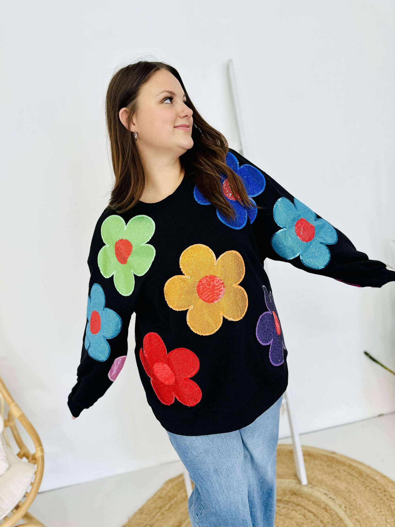 Queen Of Sparkles Black Multi Oversized Rhinestone Flower Sweatshirt