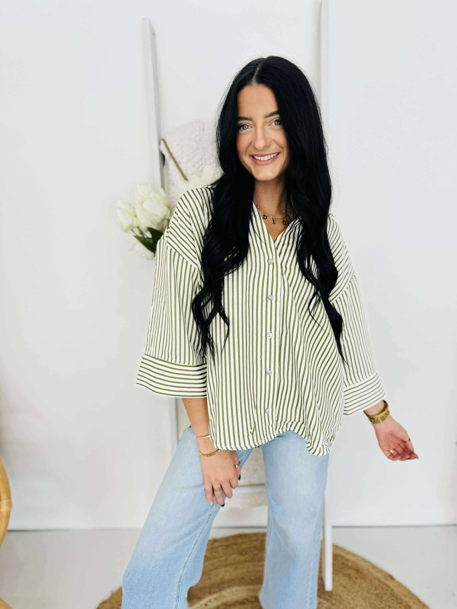 Country Club Olive Striped Top