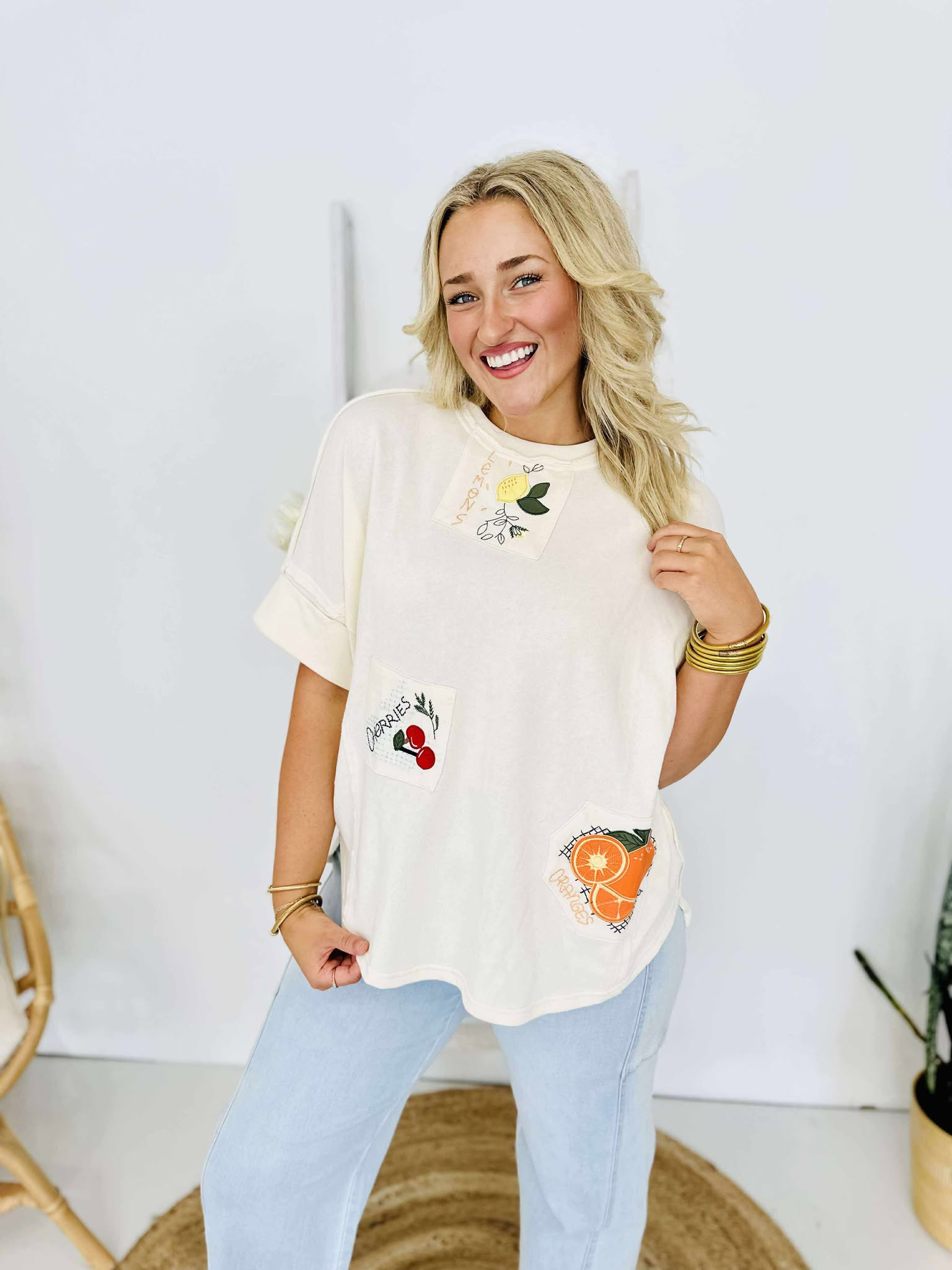 Fruit Embroidered Terry Knit Top