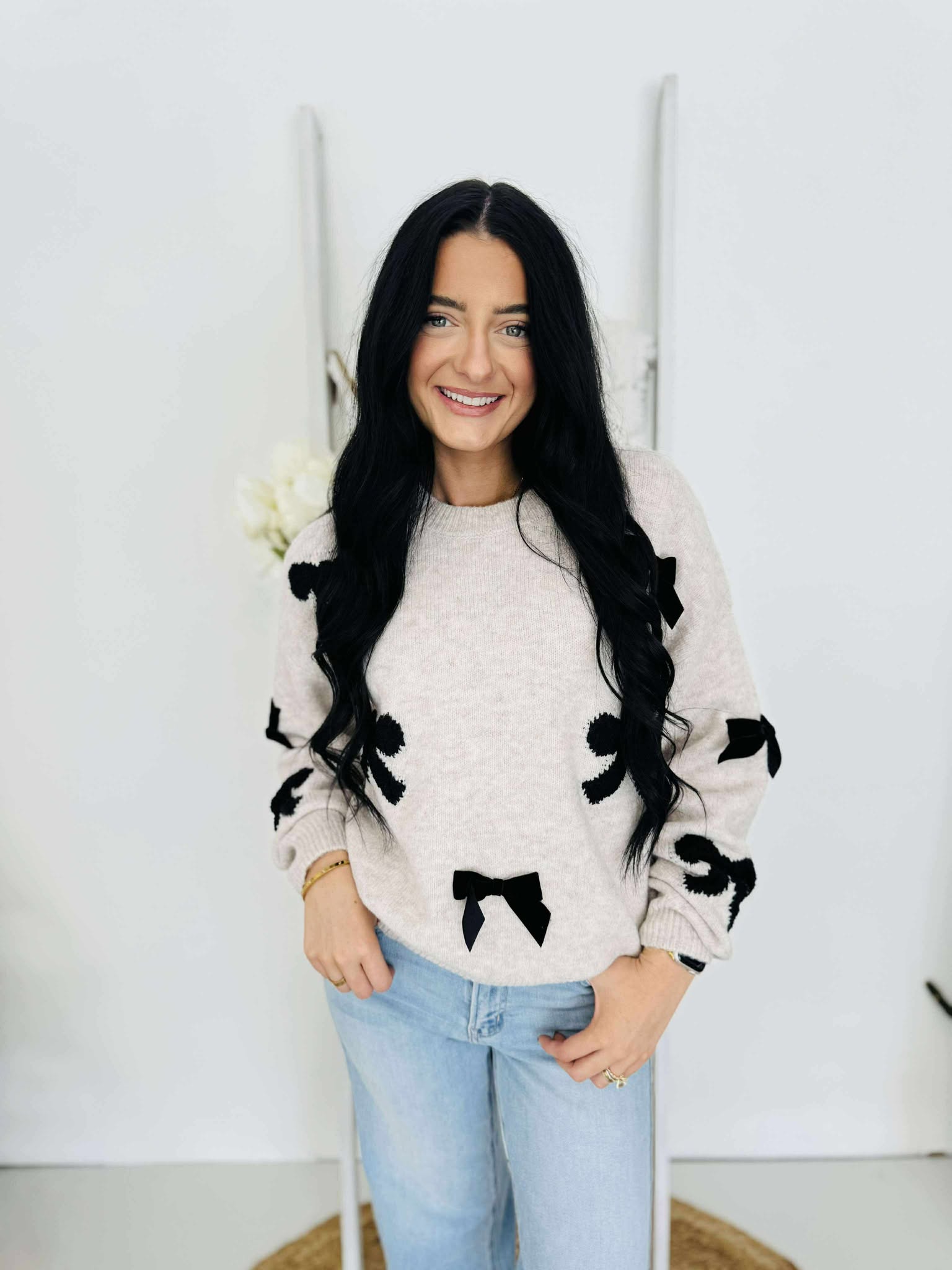 Oatmeal Ribbon Knitted Sweater