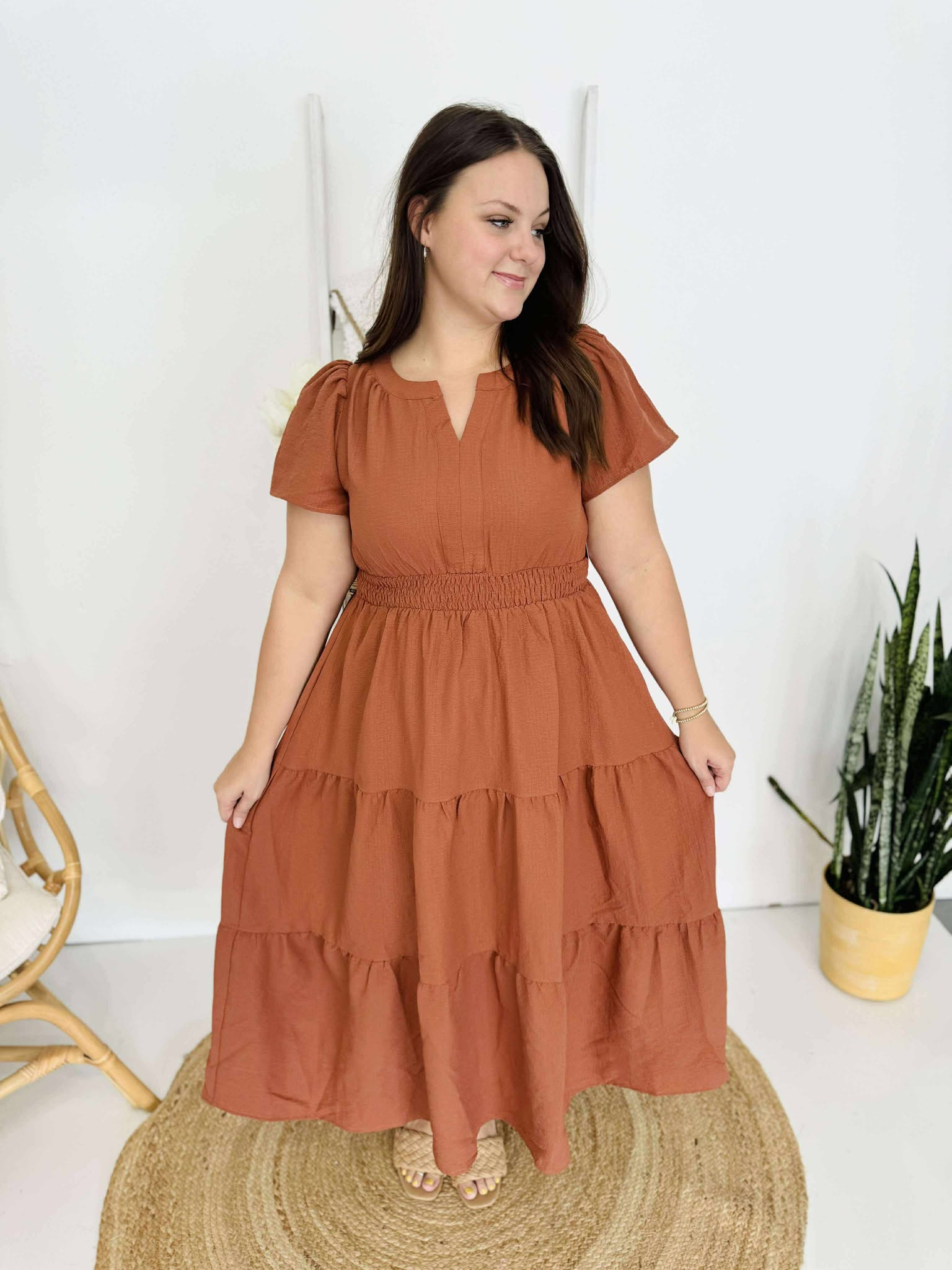 Textured Ruffled Short Sleeve Tiered Midi Dress