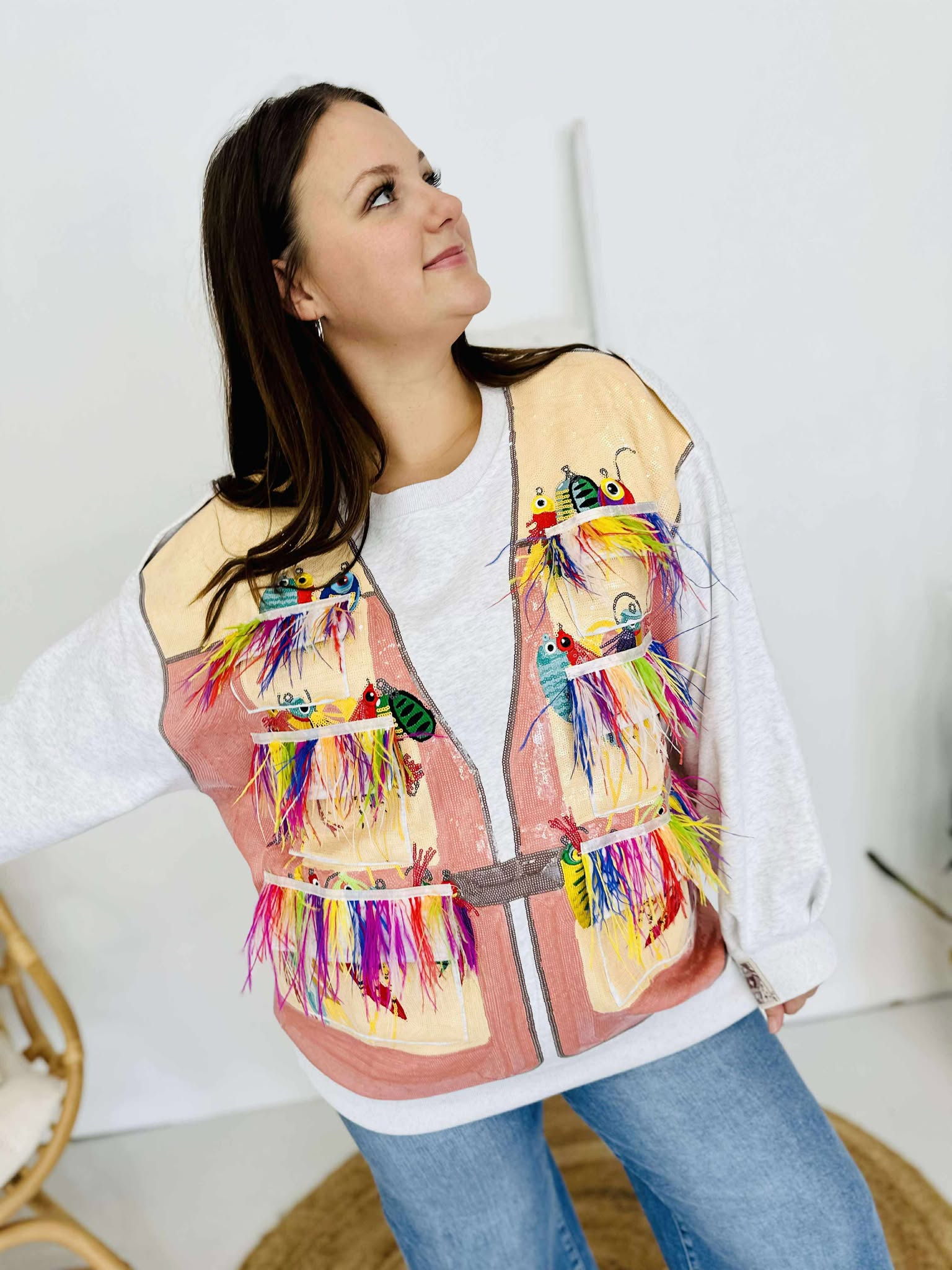 Queen Of Sparkles Grey Fishing Lure Vest Sweatshirt