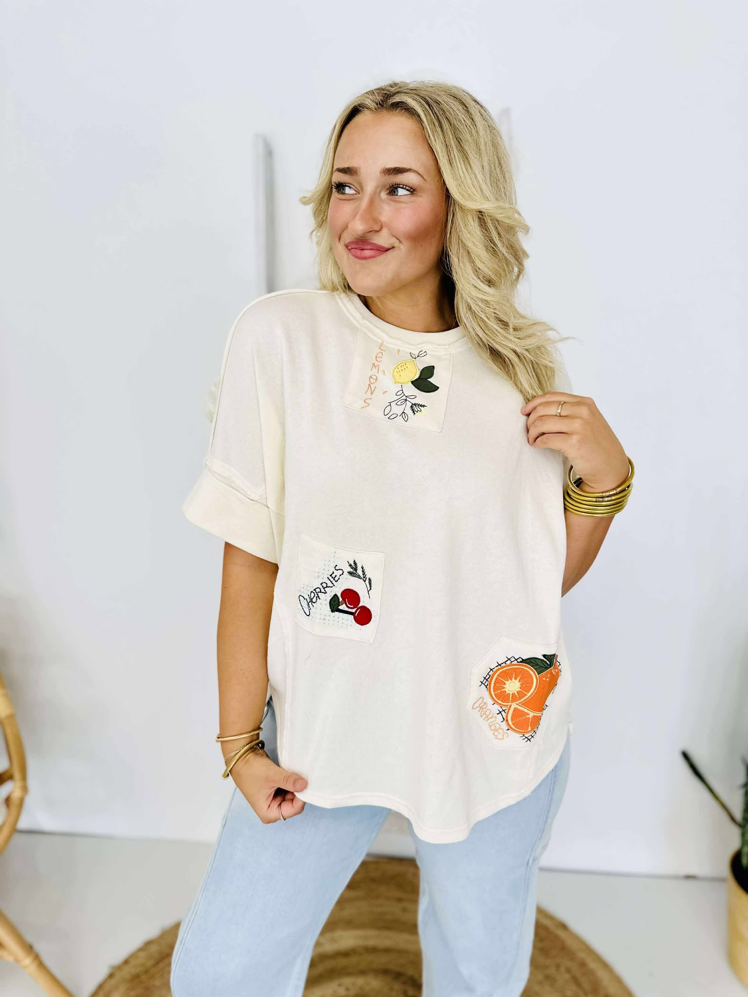 Fruit Embroidered Terry Knit Top