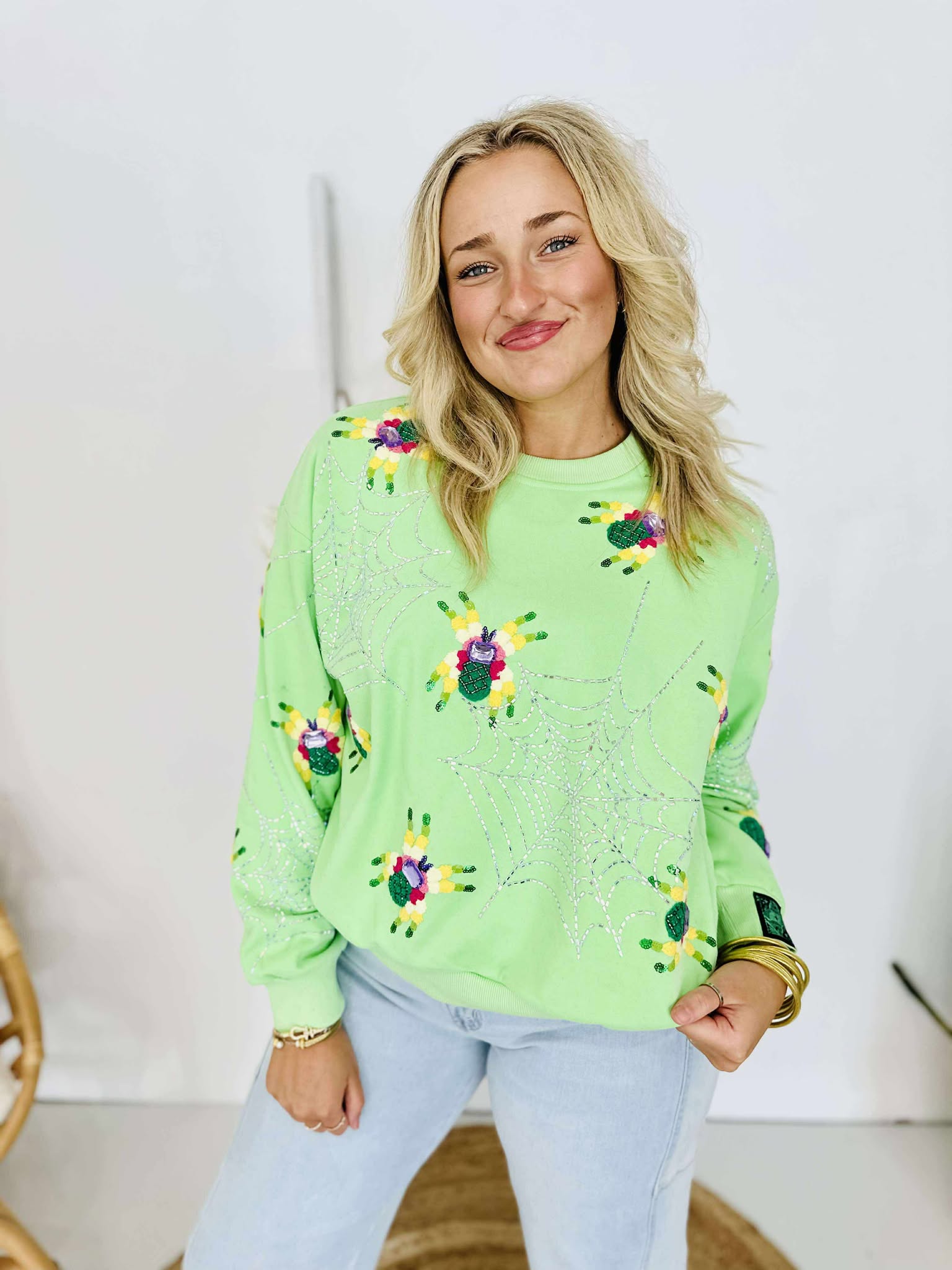 Queen Of Sparkles Neon Green Fuzzy Spider & Web Sweatshirt