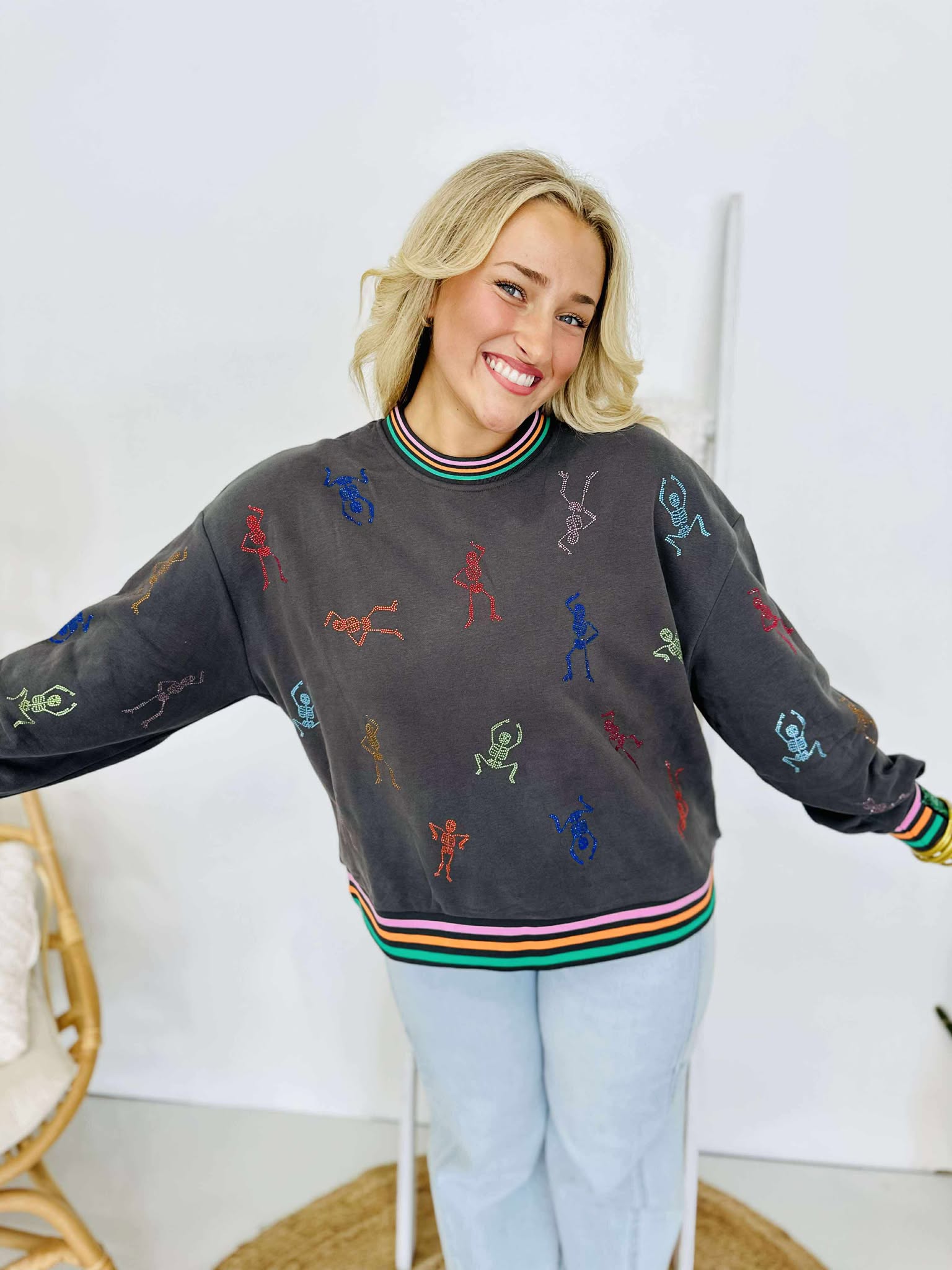 Queen Of Sparkles Charcoal Multi Skeleton Striped Trim Sweatshirt