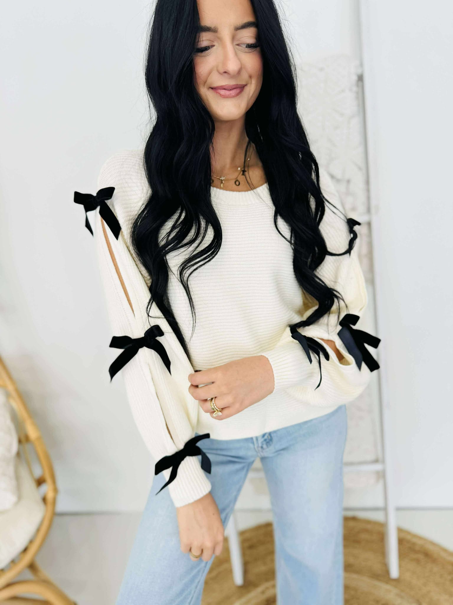 Velvet Bow Sleeve Sweater