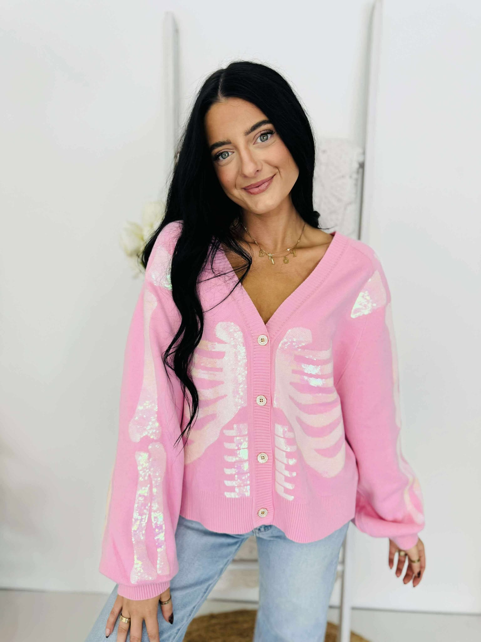 Queen Of Sparkles Light Pink Skeleton Button Up Cardigan