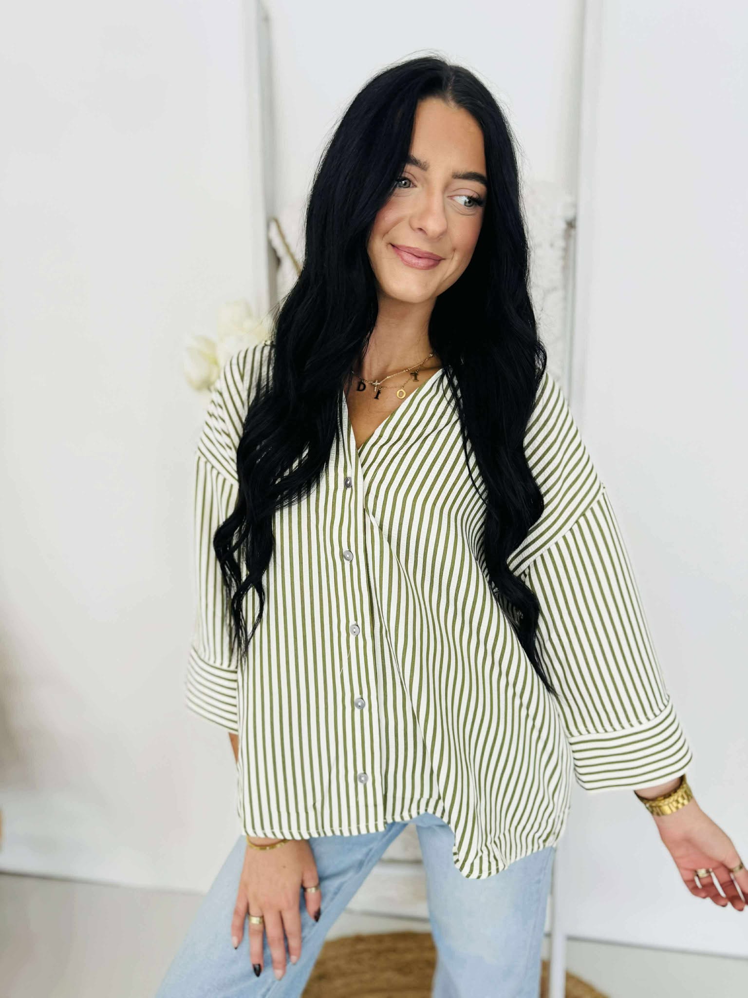 Country Club Olive Striped Top