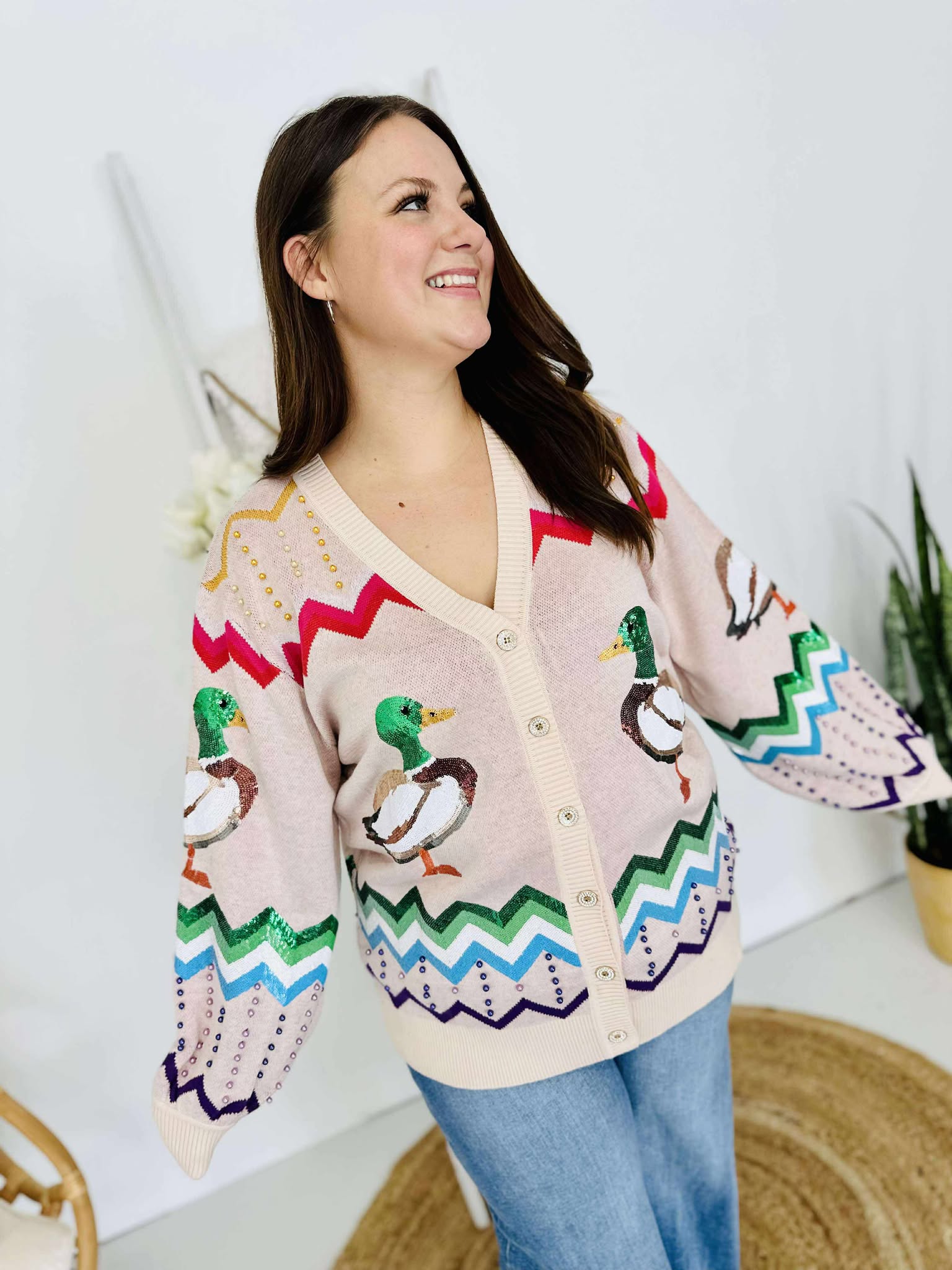 Queen Of Sparkles Beige Multi Zig Zag Duck Cardigan