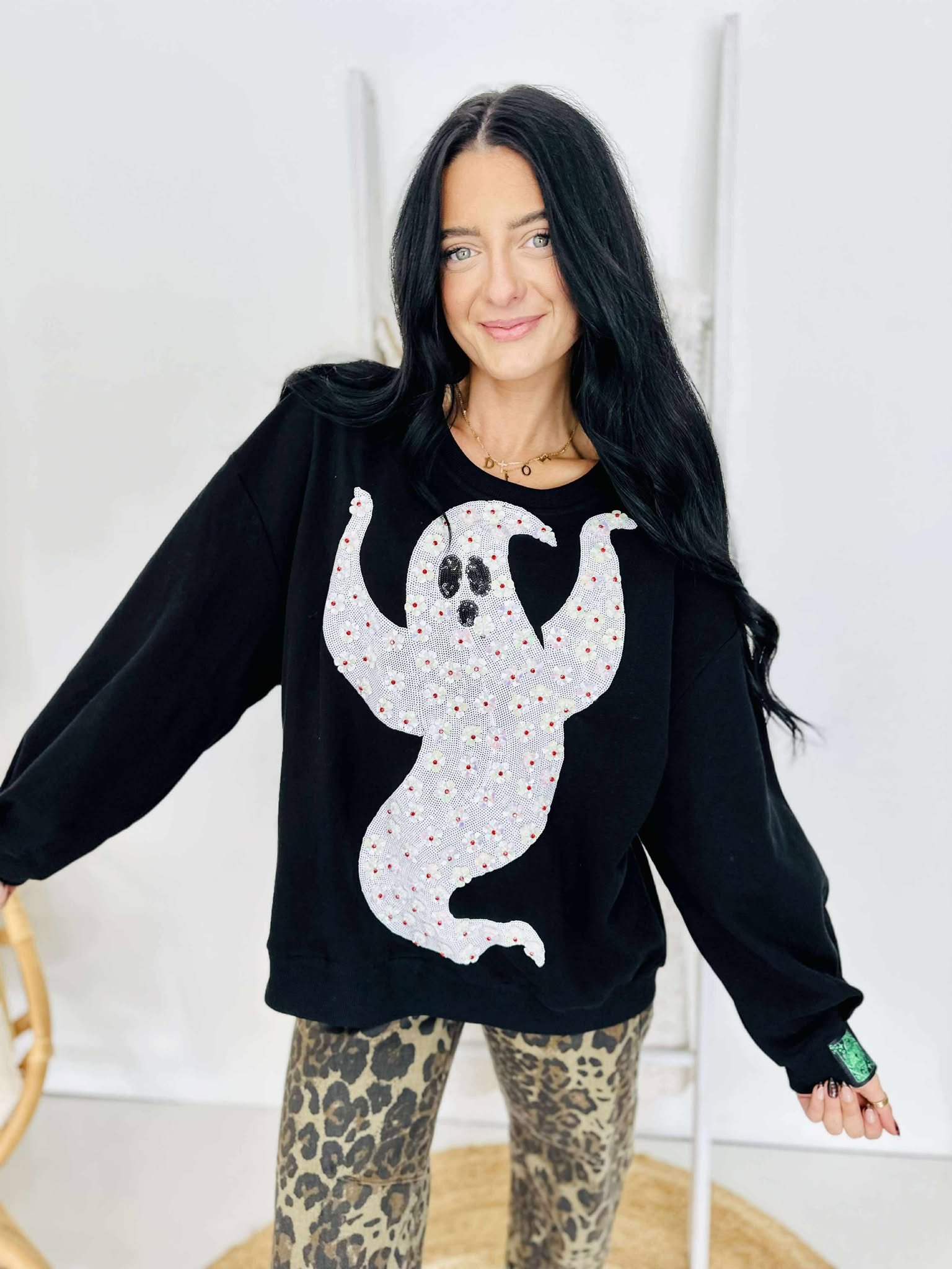 Queen Of Sparkles Black & White Flower Sequin Ghost Sweatshirt