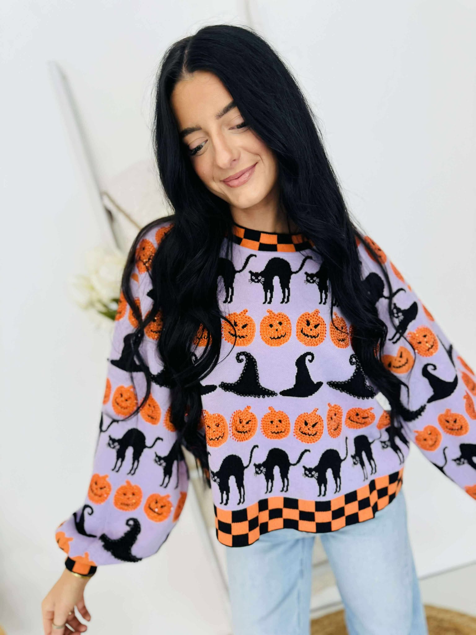 Queen Of Sparkles Lavender, Black & Orange Checker Trim Halloween Icon Sweater