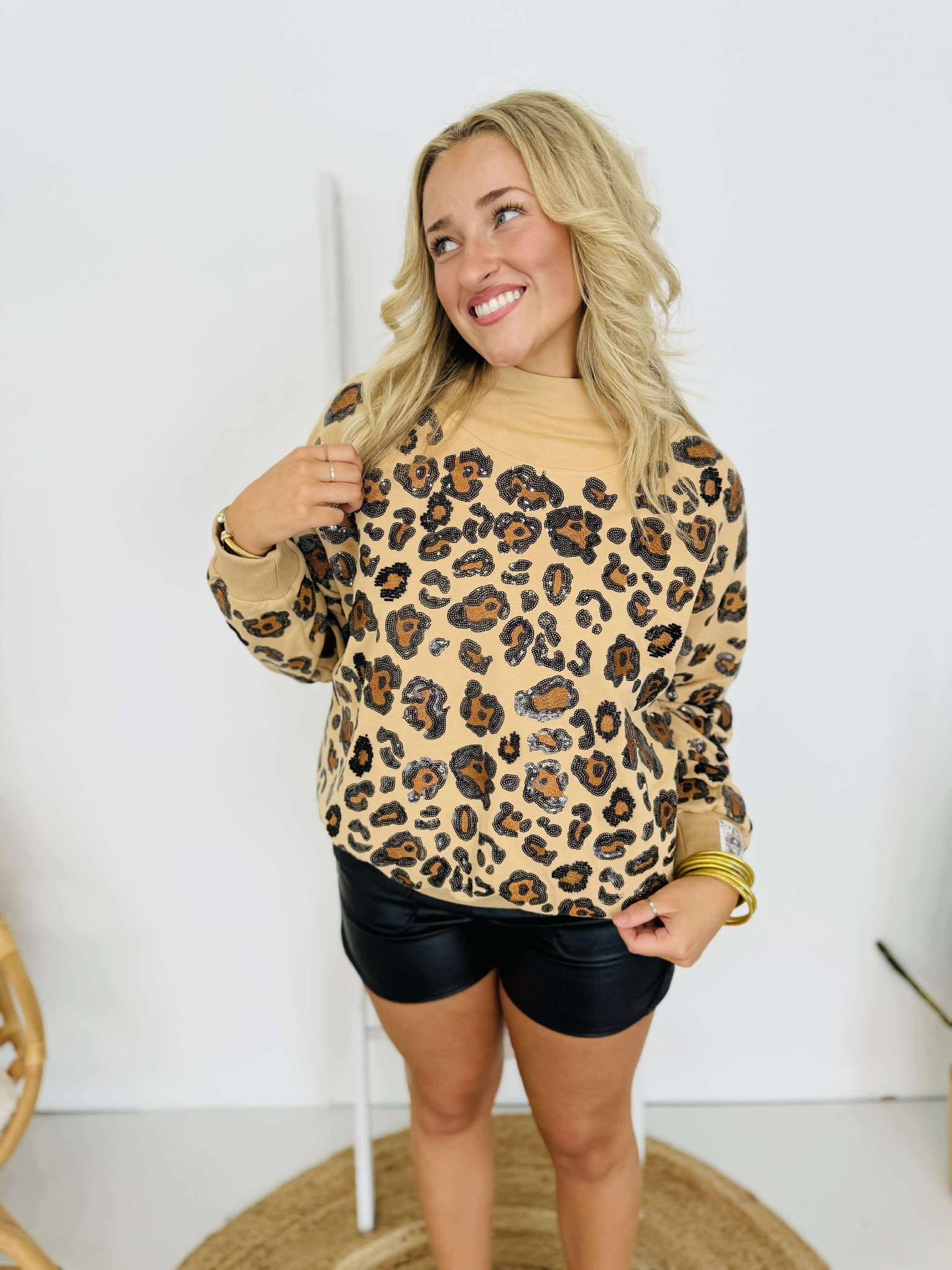 Queen Of Sparkles Tan, Brown, & Black Leopard Mock Neck Sweatshirt