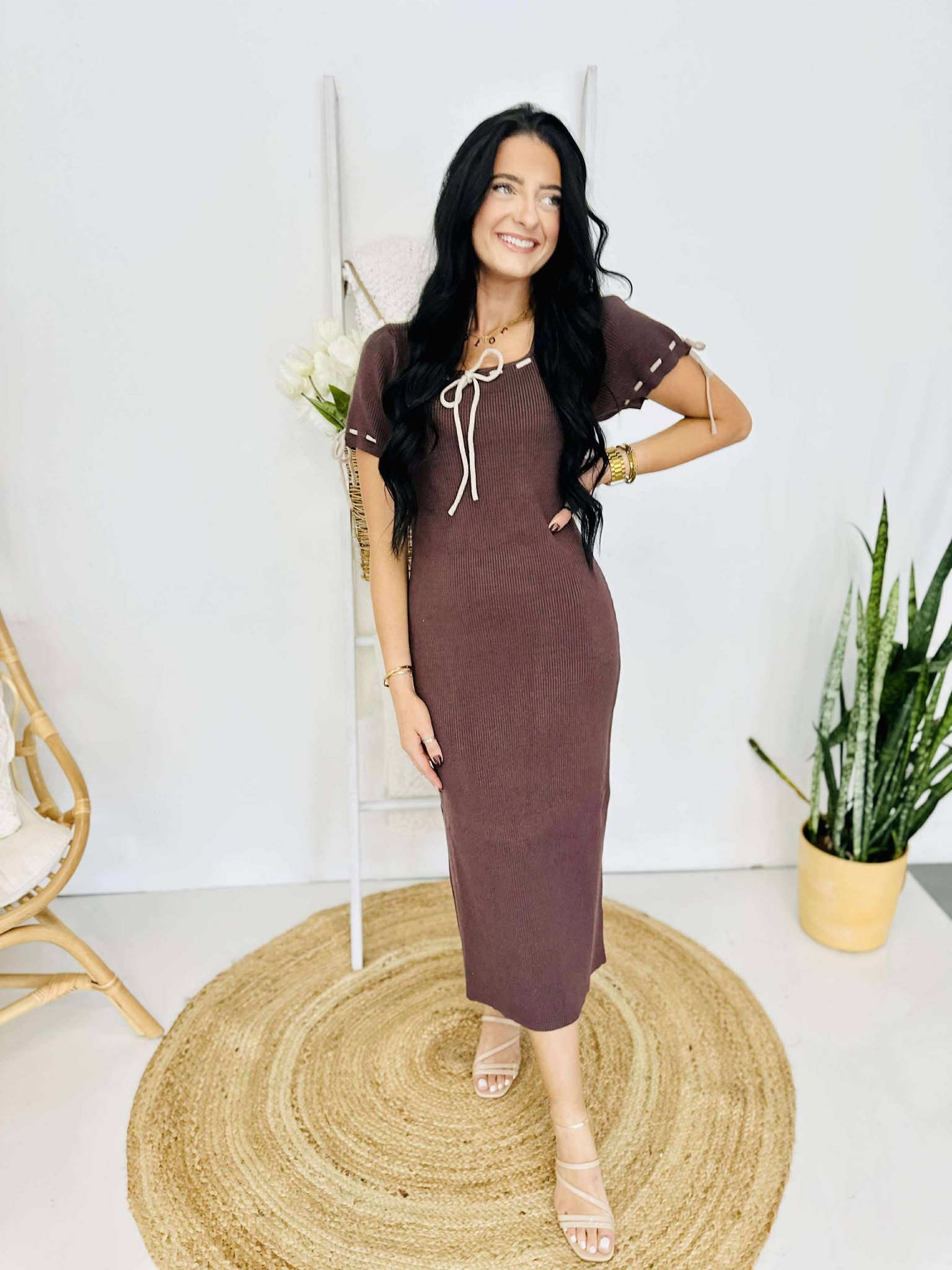 Interlace Tie Detail Ribbed Midi Dress