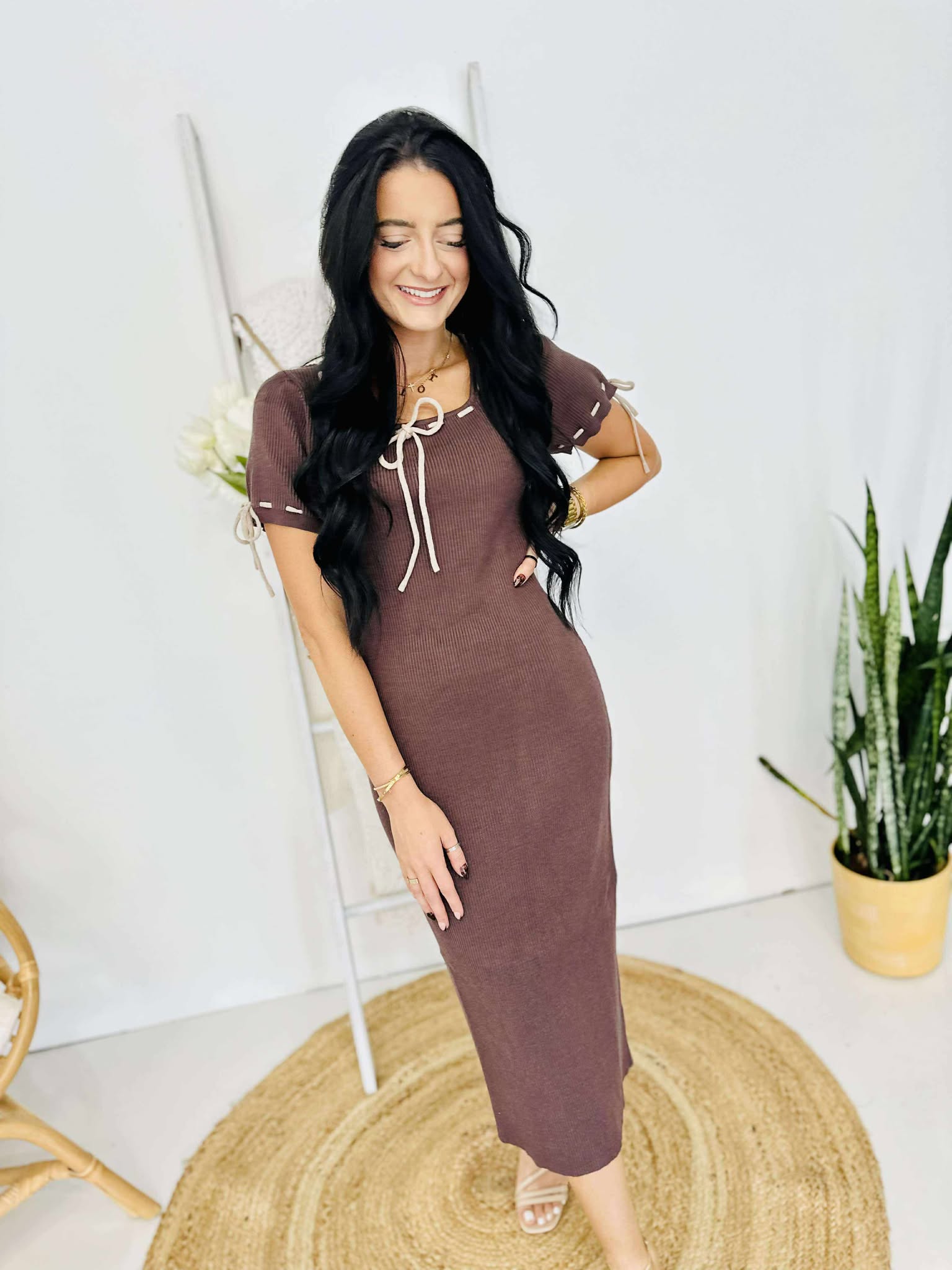 Interlace Tie Detail Ribbed Midi Dress