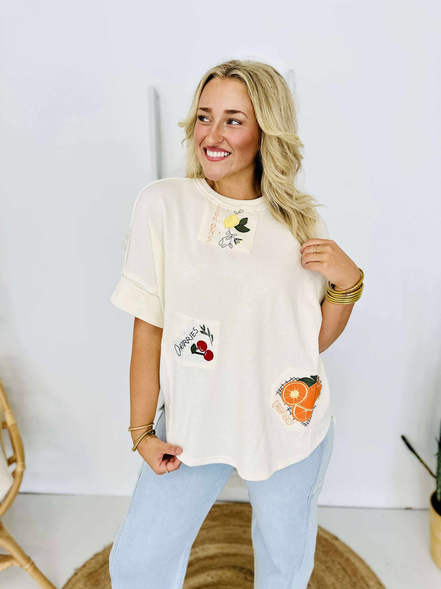 Fruit Embroidered Terry Knit Top
