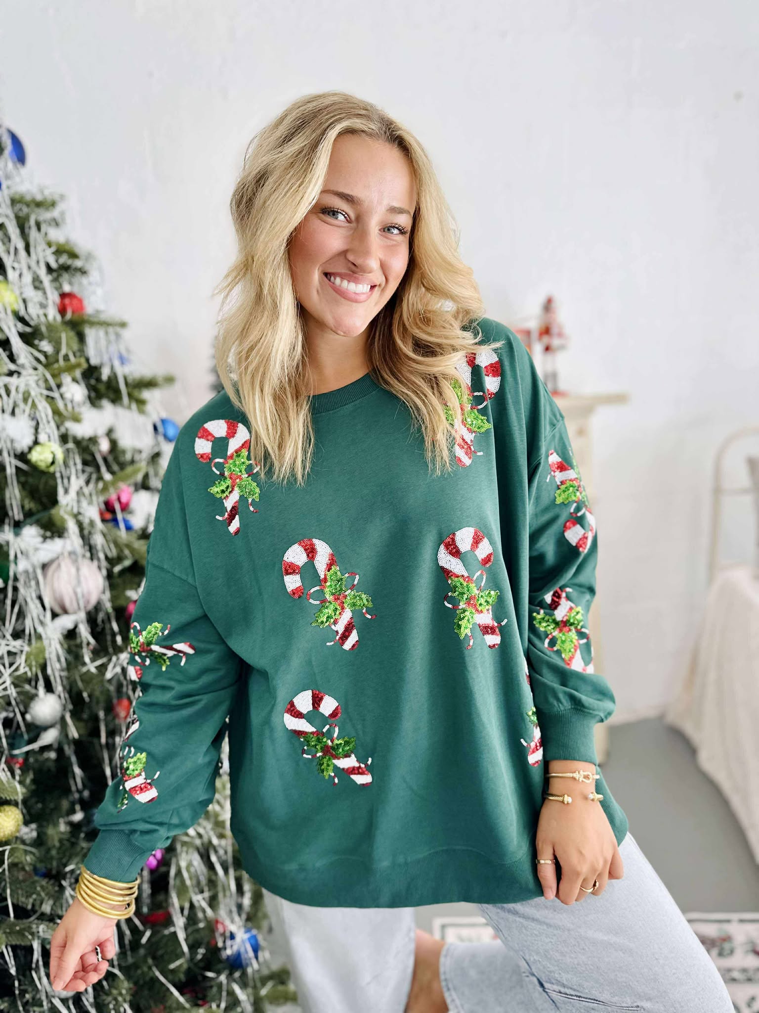 Sequin Candy Cane Green Pullover