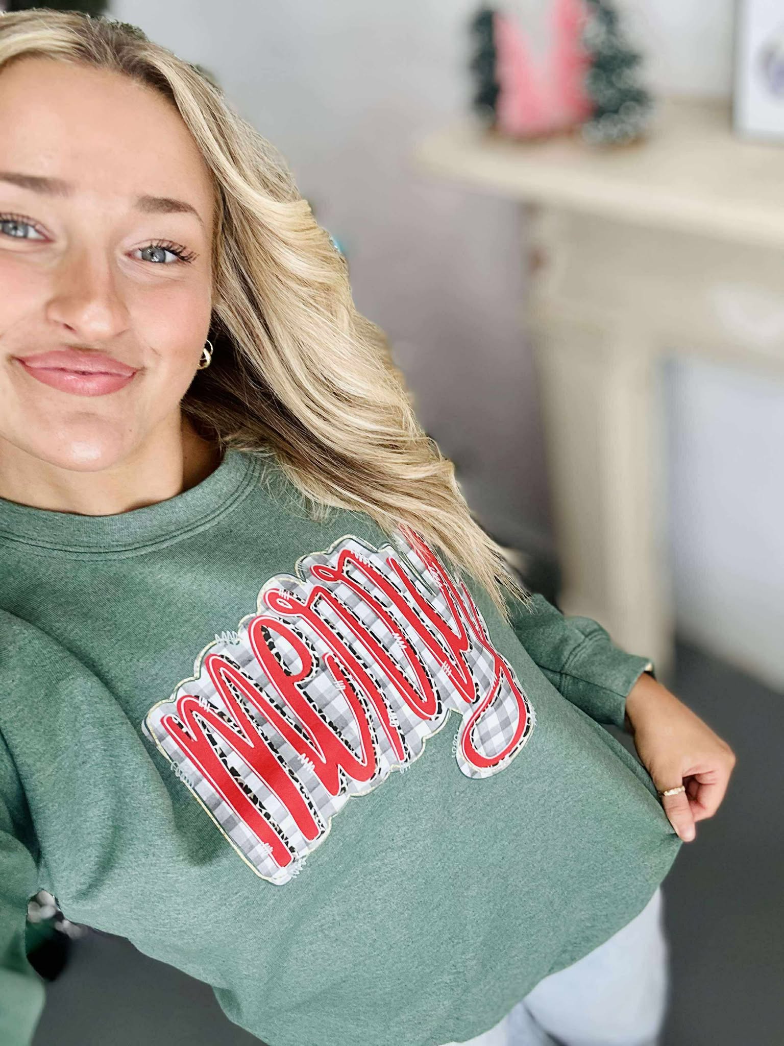 Merry Gingham Leopard Heather Green Sweatshirt
