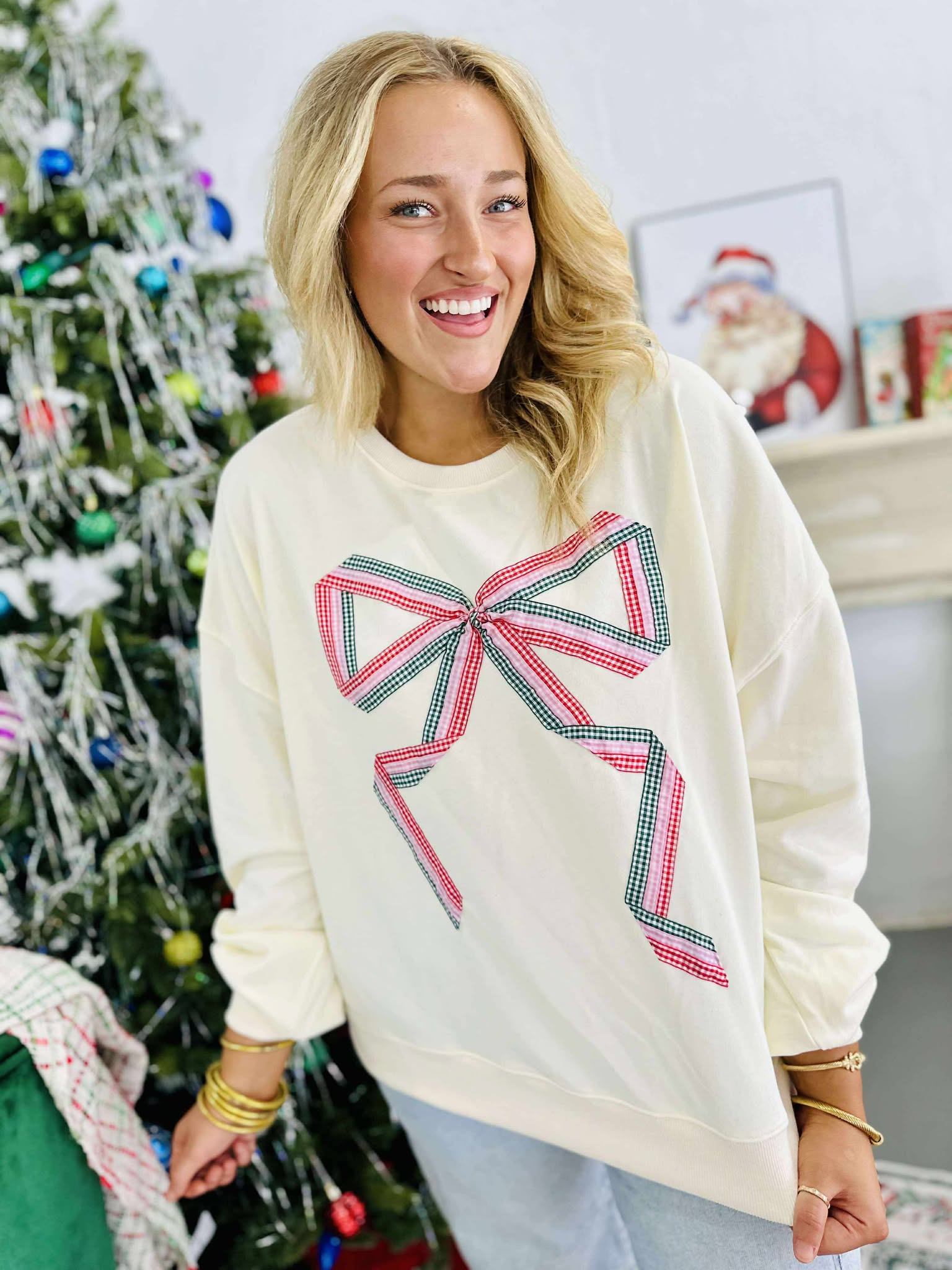 Gingham Bow Christmas Pullover