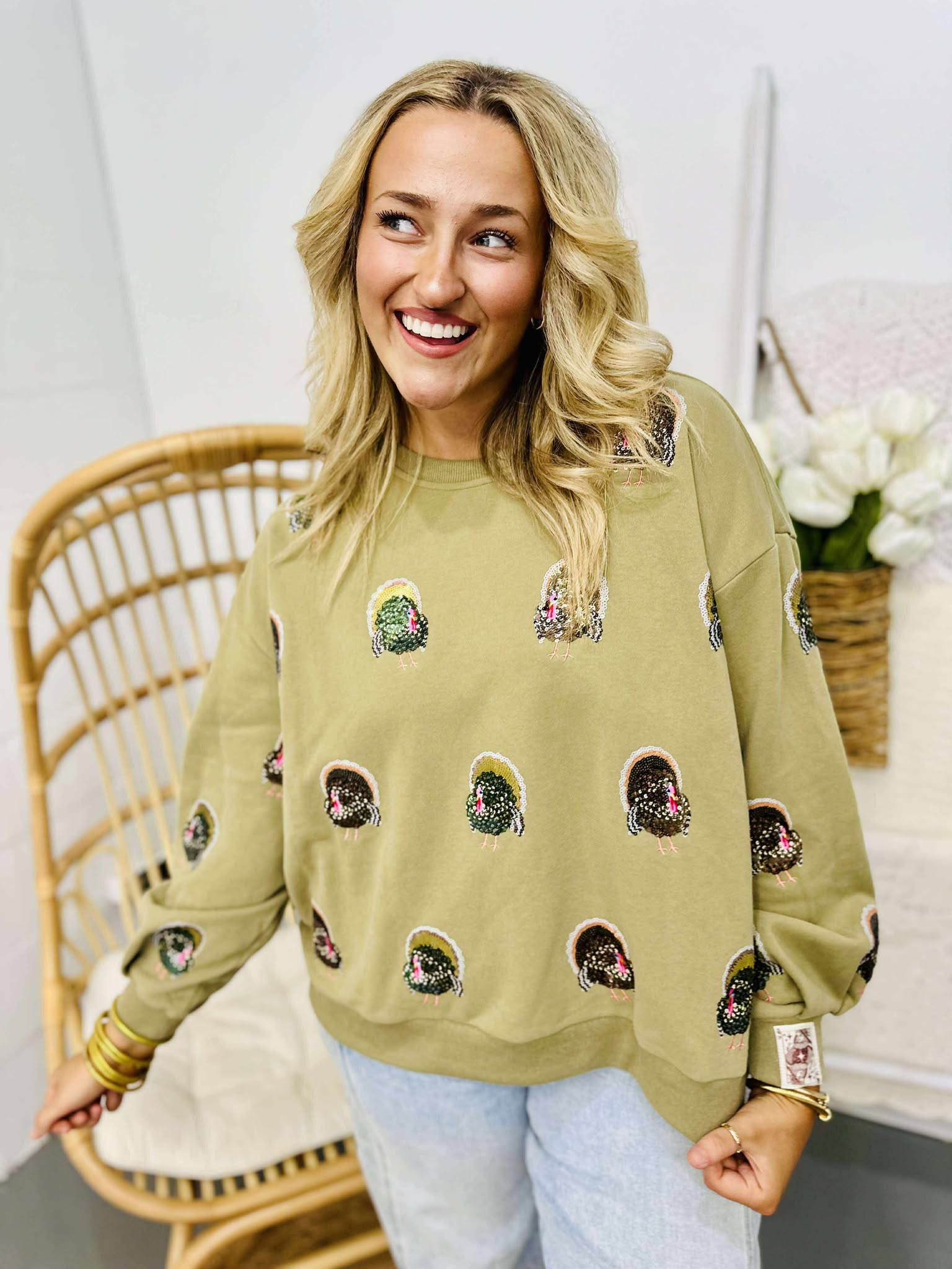 Queen Of Sparkles Olive Green Scattered Turkey Sweatshirt