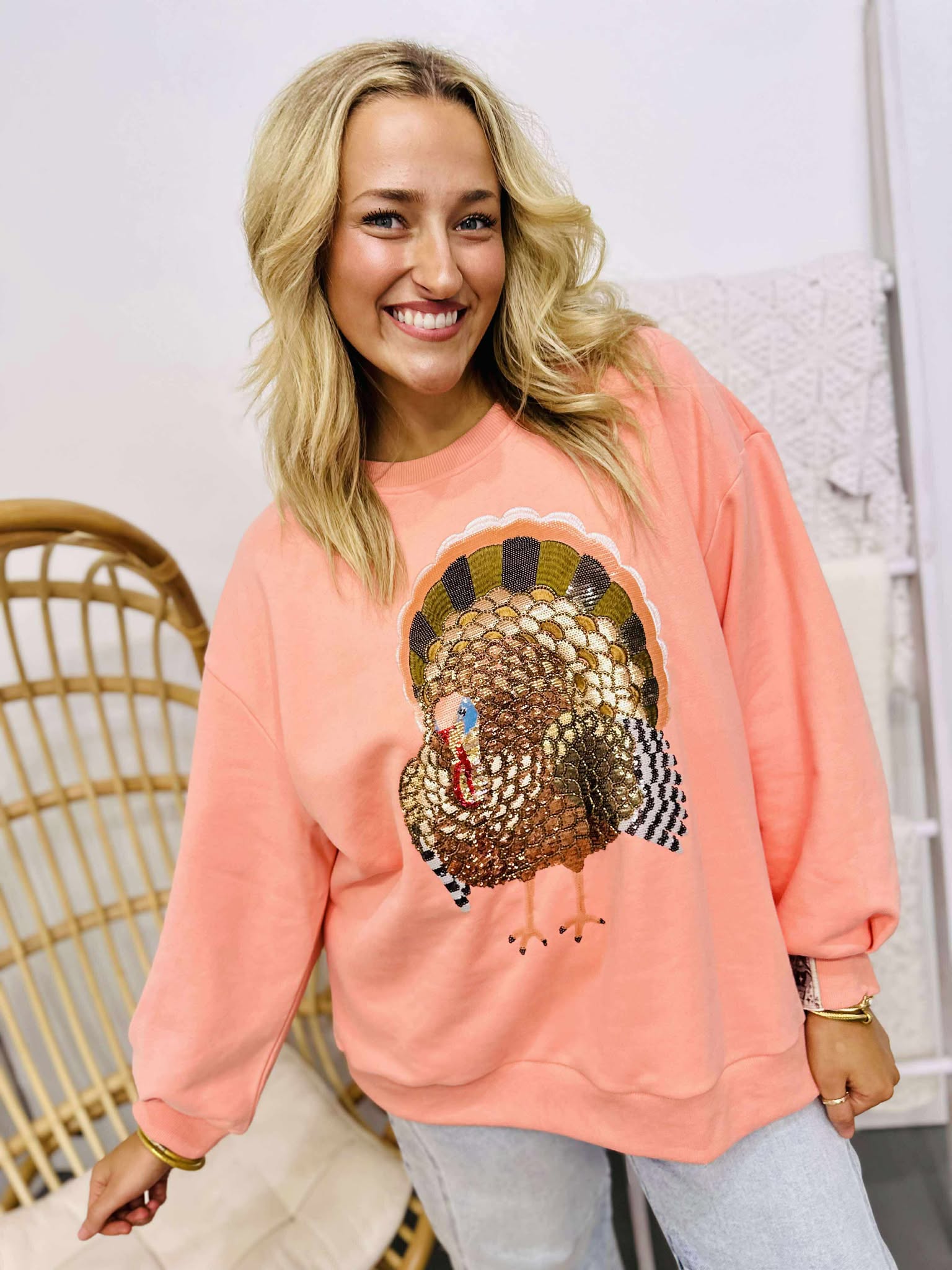 Queen Of Sparkles Peach Big Turkey Sweatshirt
