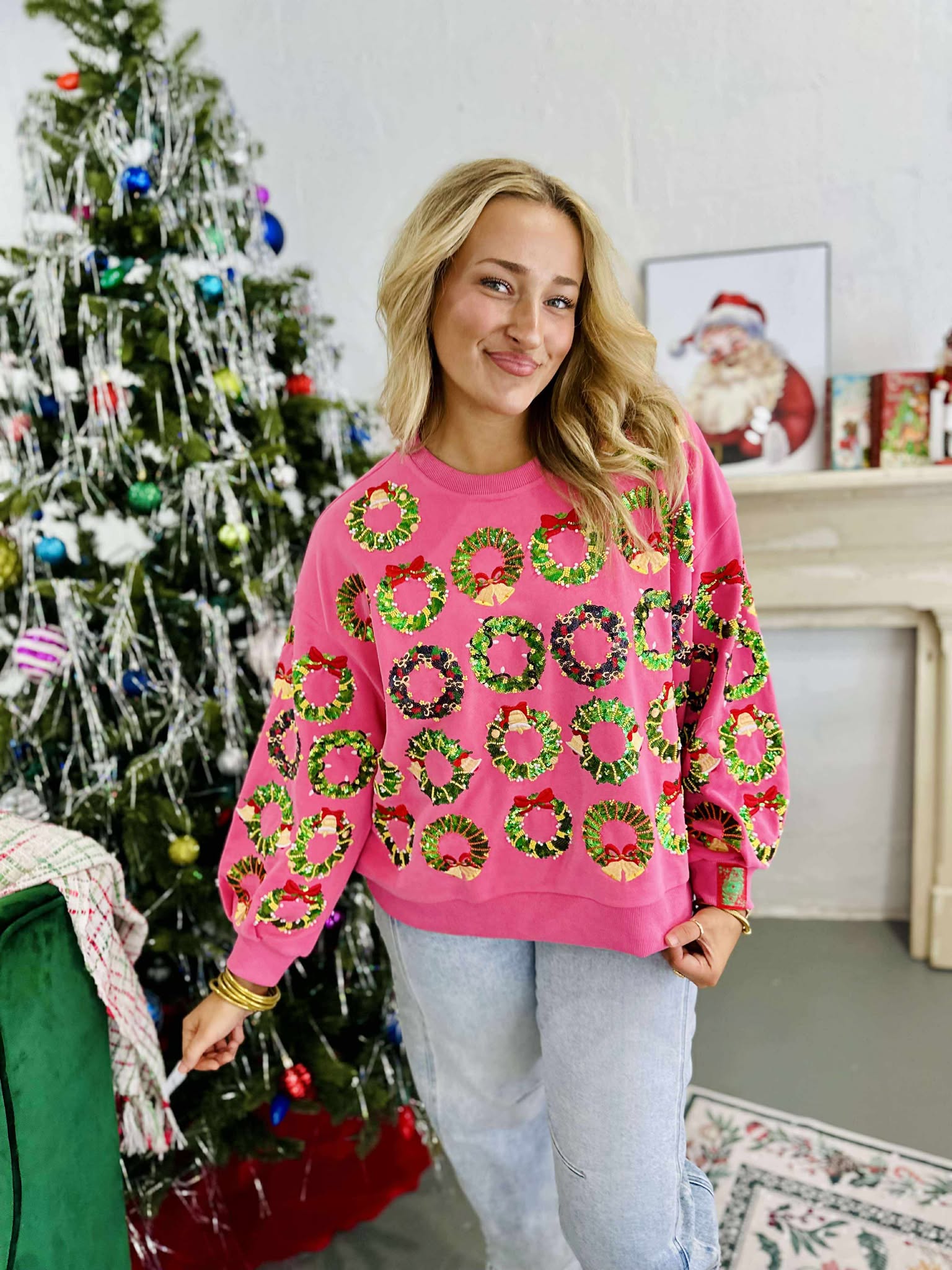 Queen Of Sparkles Hot Pink Multi Wreaths Sweatshirt