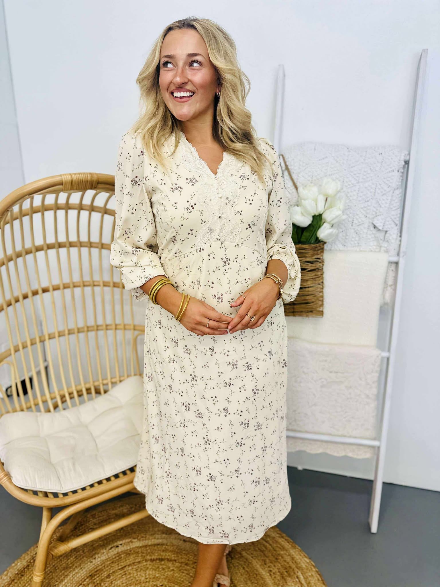 Lace Trim Floral Print Midi Dress